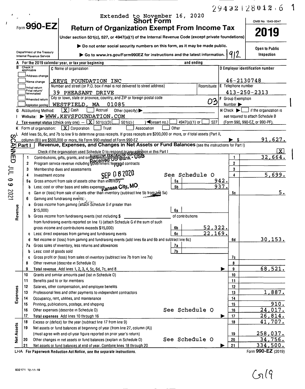 Image of first page of 2019 Form 990EZ for Kevs Foundation