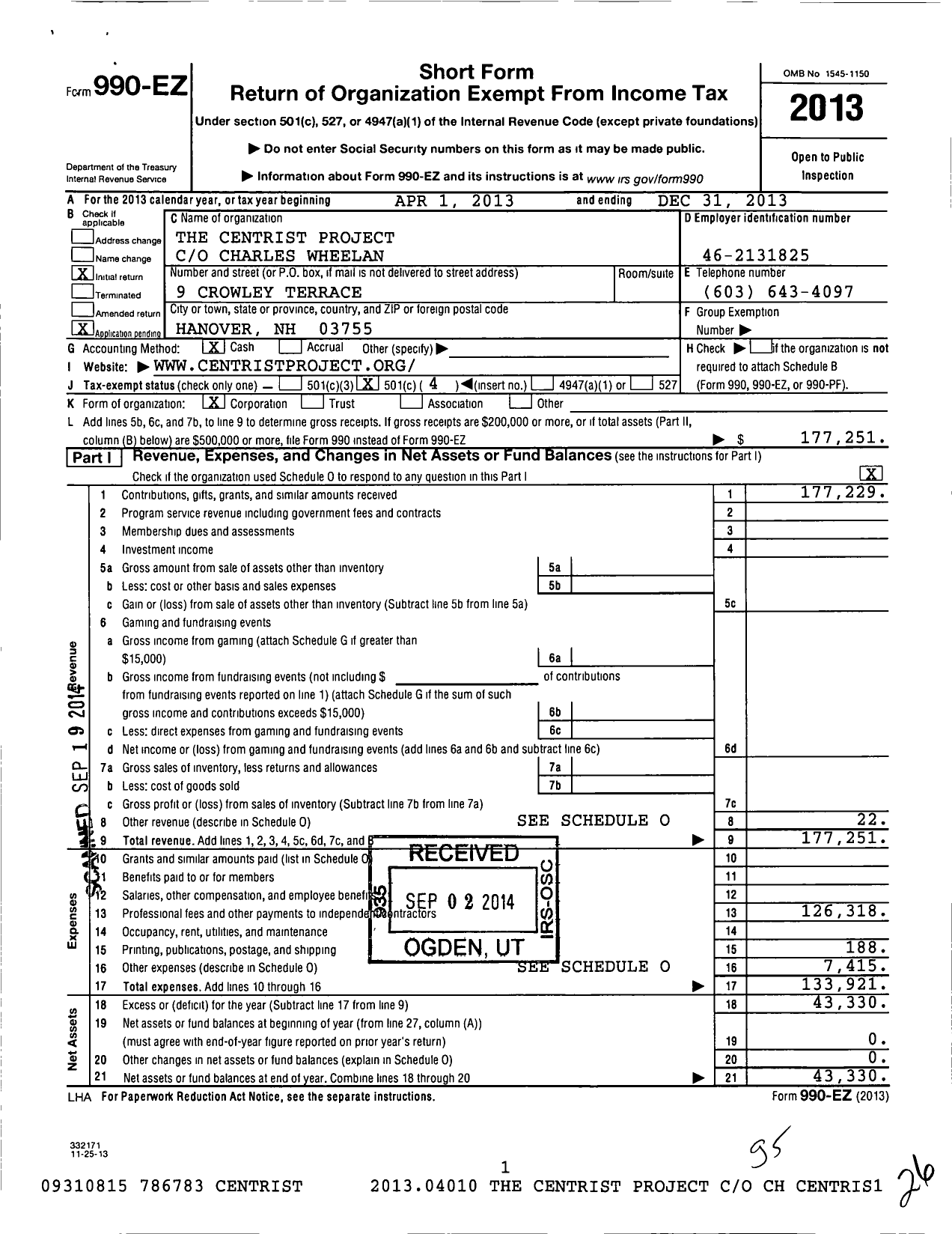 Image of first page of 2013 Form 990EO for The Centrist Project