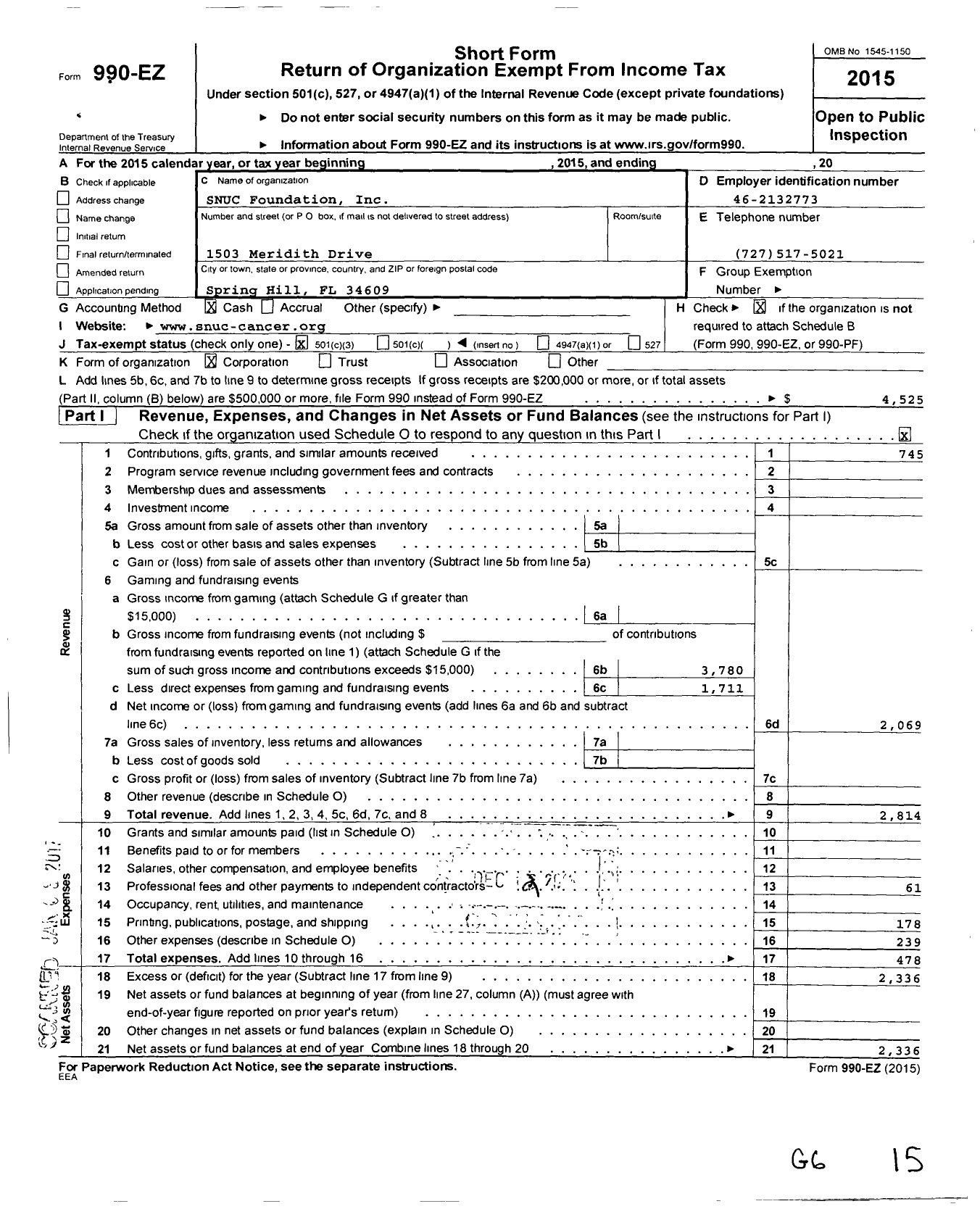 Image of first page of 2015 Form 990EZ for SNUC Foundation