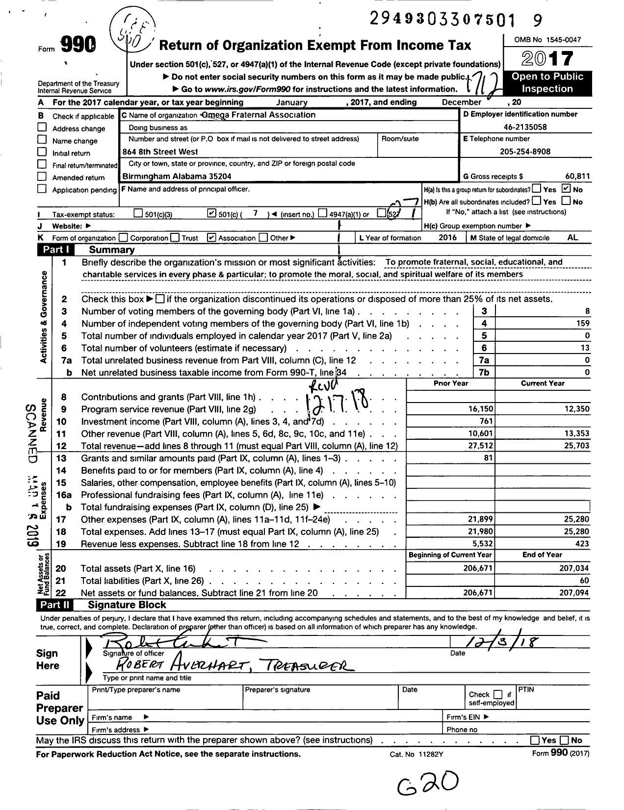 Image of first page of 2017 Form 990O for Omega Fraternal Association