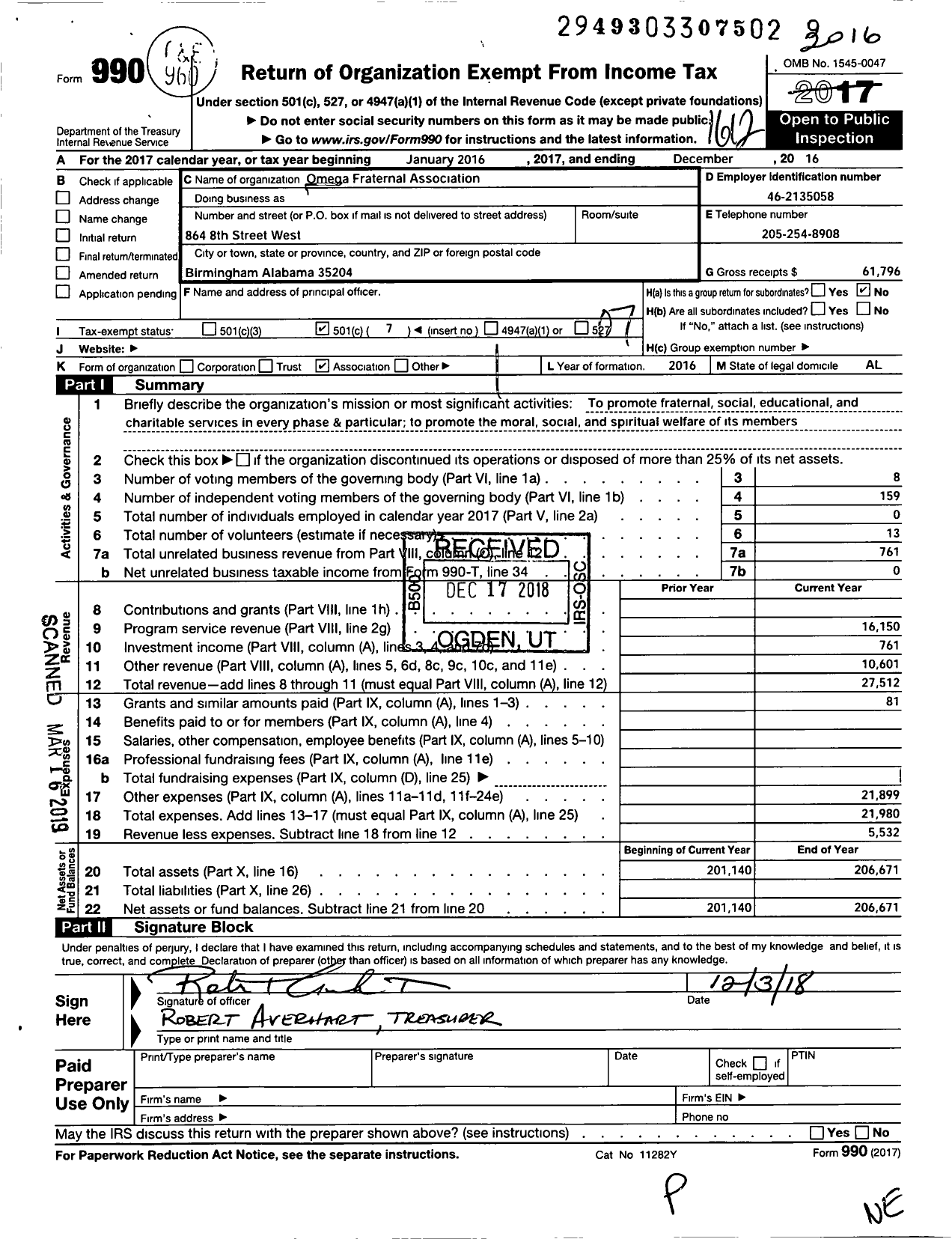 Image of first page of 2016 Form 990O for Omega Fraternal Association