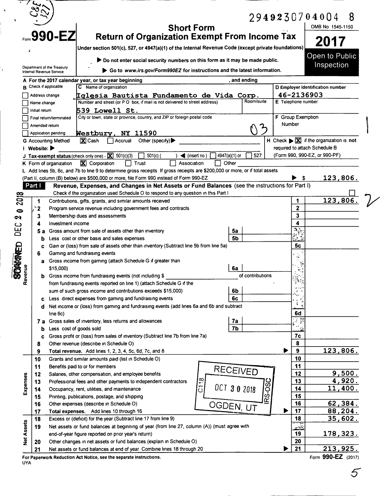 Image of first page of 2017 Form 990EZ for Iglesia Bautista Fundamento de Vida Corp