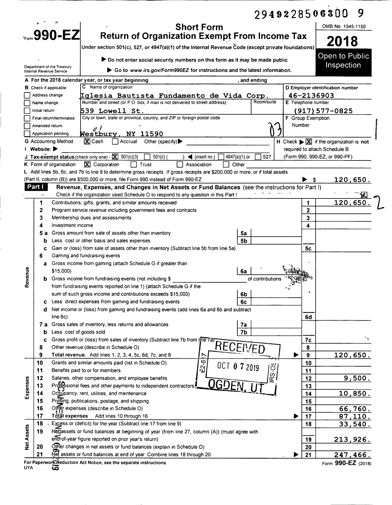 Image of first page of 2018 Form 990EZ for Iglesia Bautista Fundamento de Vida Corp