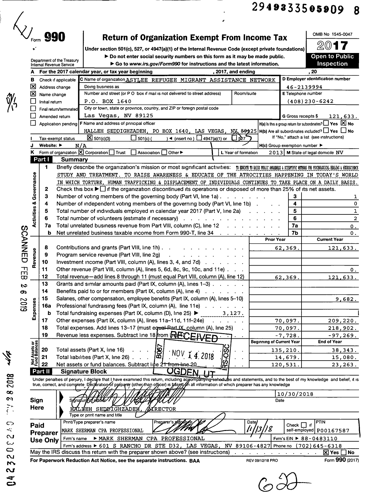 Image of first page of 2017 Form 990 for Asylee Refugee Migrant Assistance Network