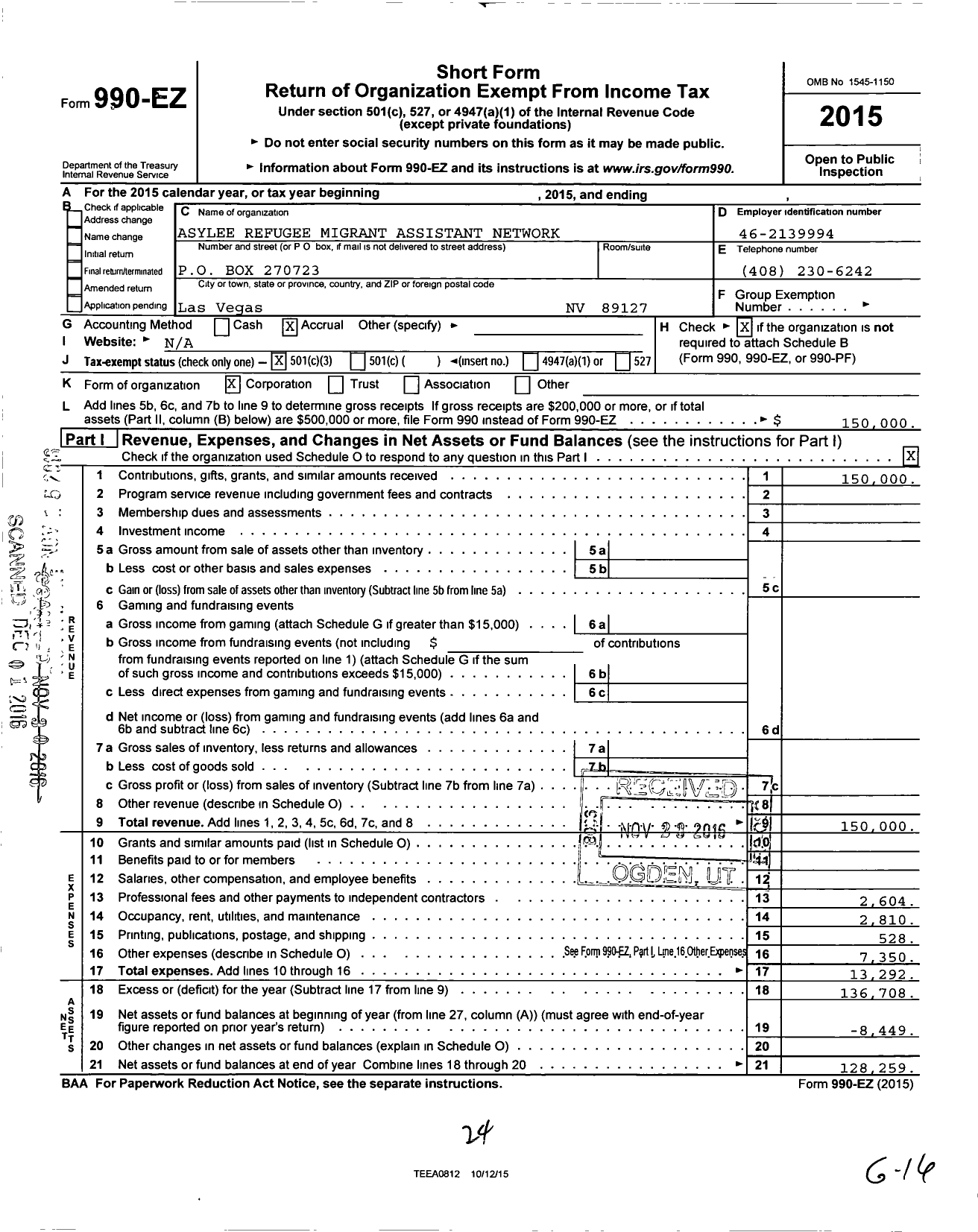 Image of first page of 2015 Form 990EZ for Asylee Refugee Migrant Assistance Network