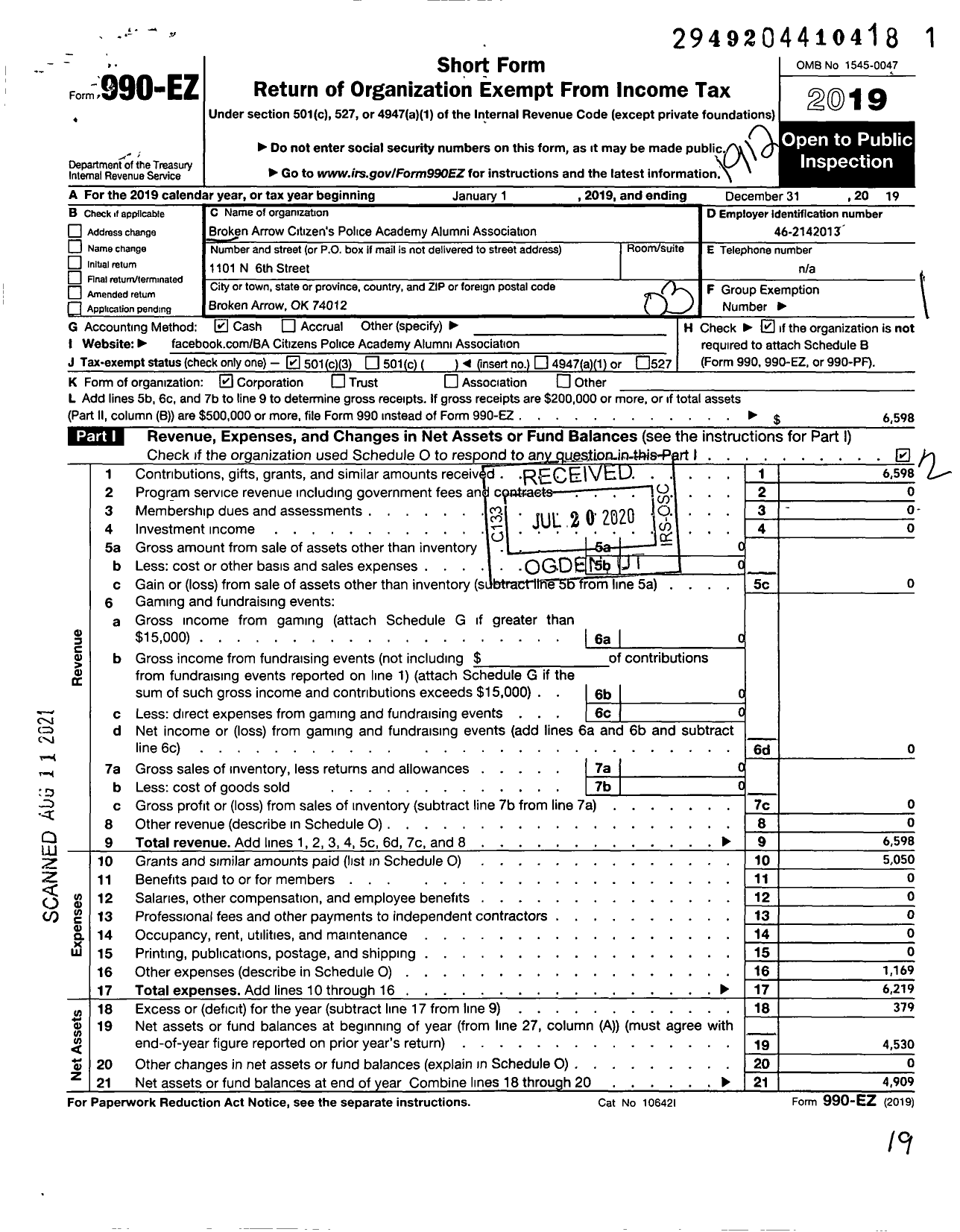 Image of first page of 2019 Form 990EZ for Broken Arrow Citizens Police Academy Alumni Associaiton