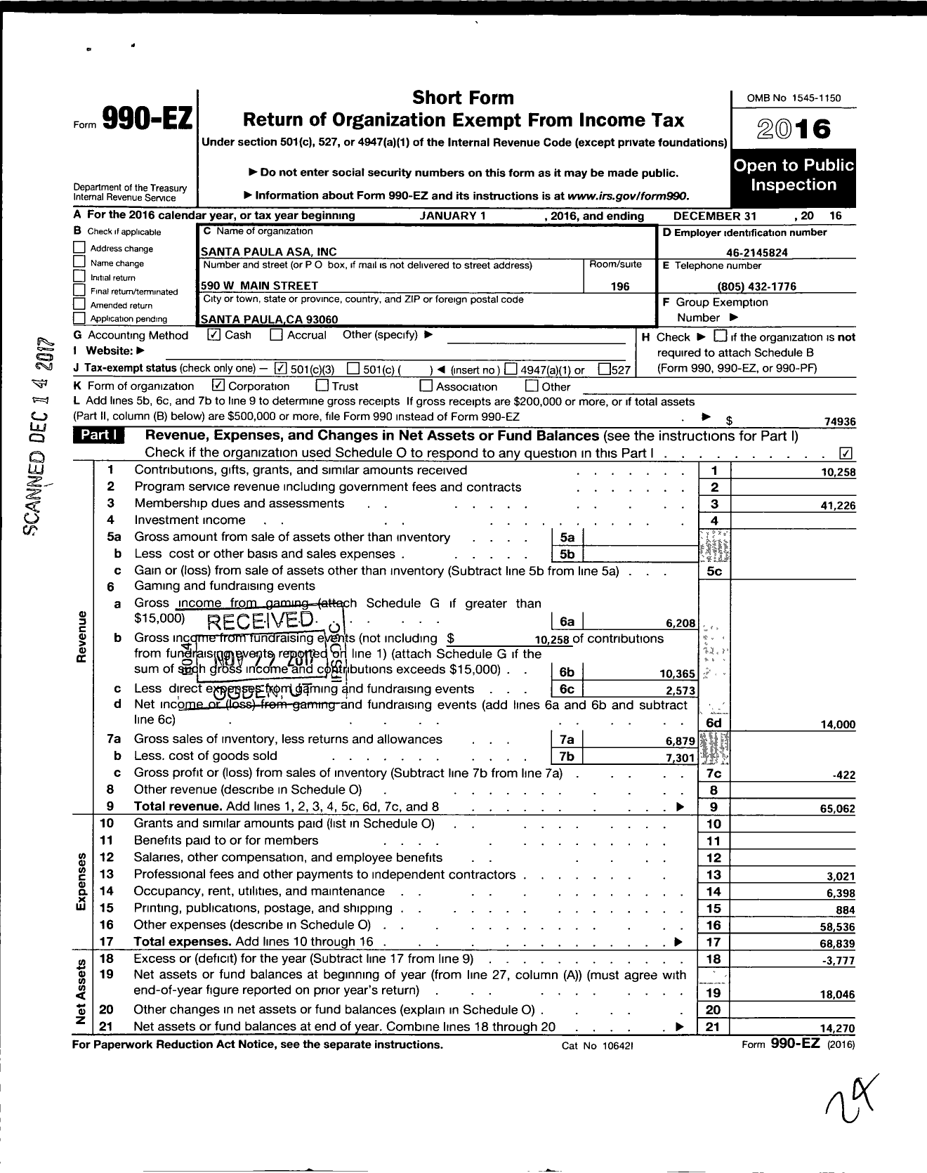 Image of first page of 2016 Form 990EZ for Santa Paula Asa