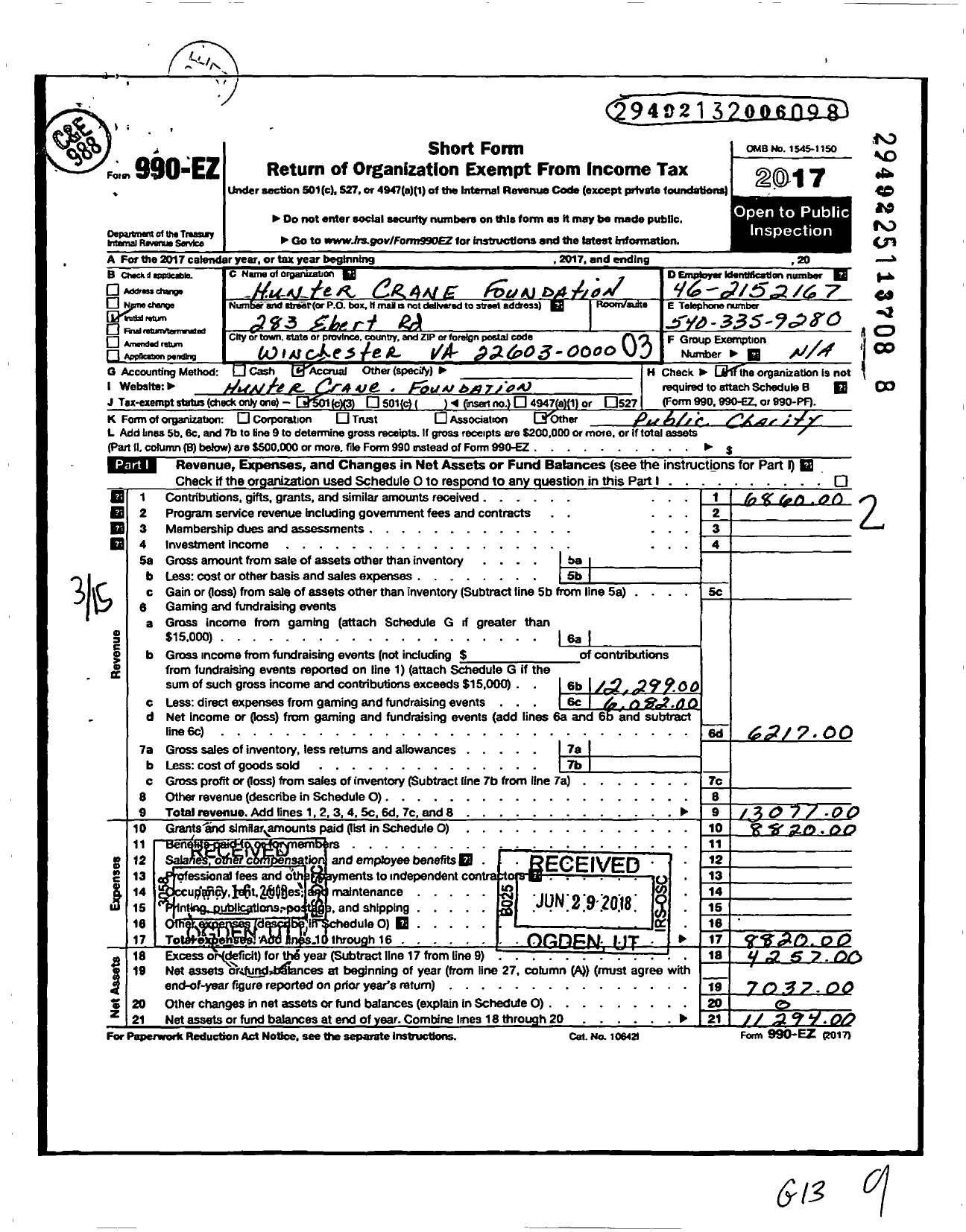 Image of first page of 2017 Form 990EZ for Hunter Crane Foundation