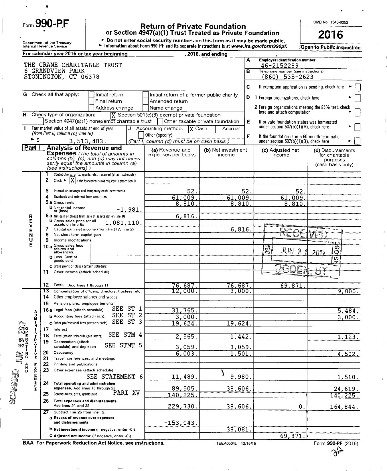 Image of first page of 2016 Form 990PF for The Crane Charitable Trust