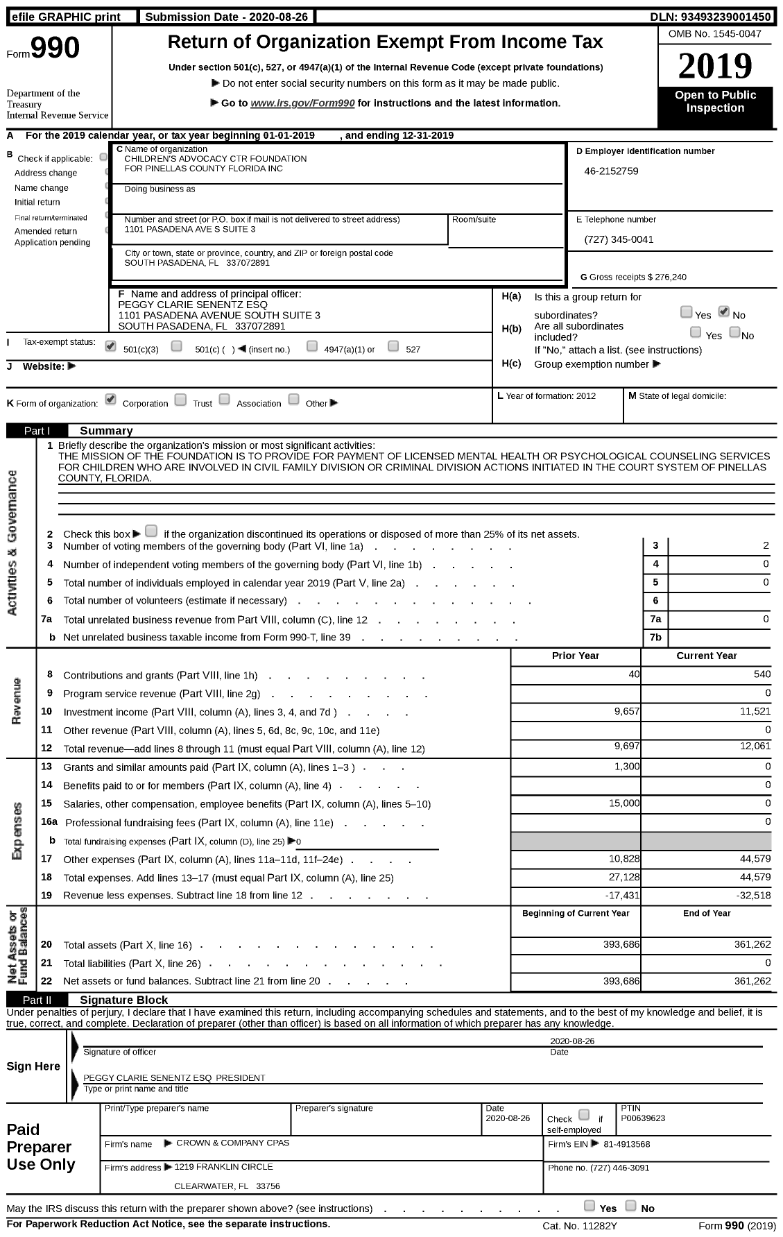 Image of first page of 2019 Form 990 for Children's Advocacy Center Foundation for Pinellas County Florida