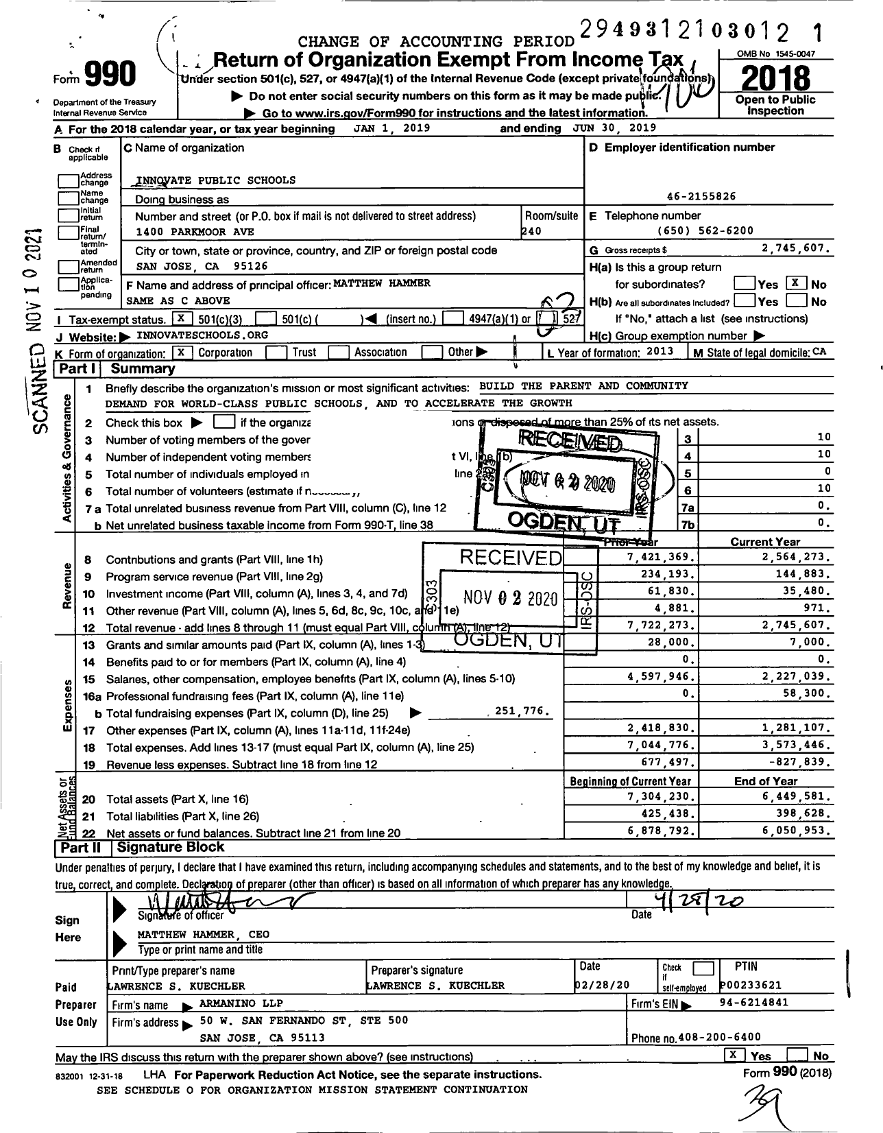 Image of first page of 2018 Form 990 for Innovate Public Schools