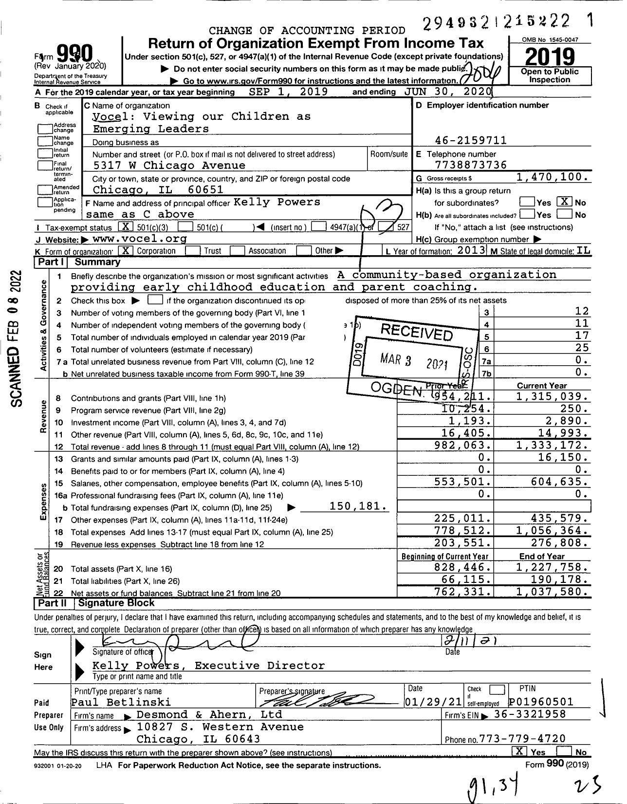 Image of first page of 2019 Form 990 for Vocel Viewing our Children as Emerging Leaders