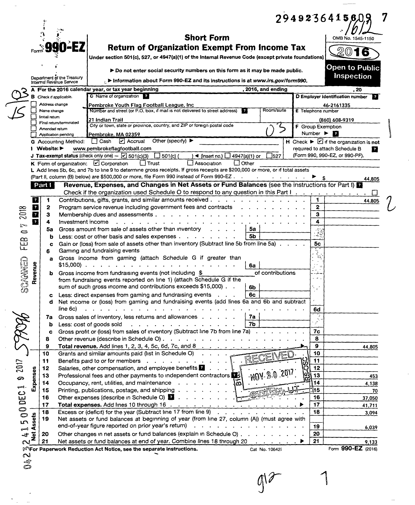 Image of first page of 2016 Form 990EZ for Pembroke Youth Flag Football League