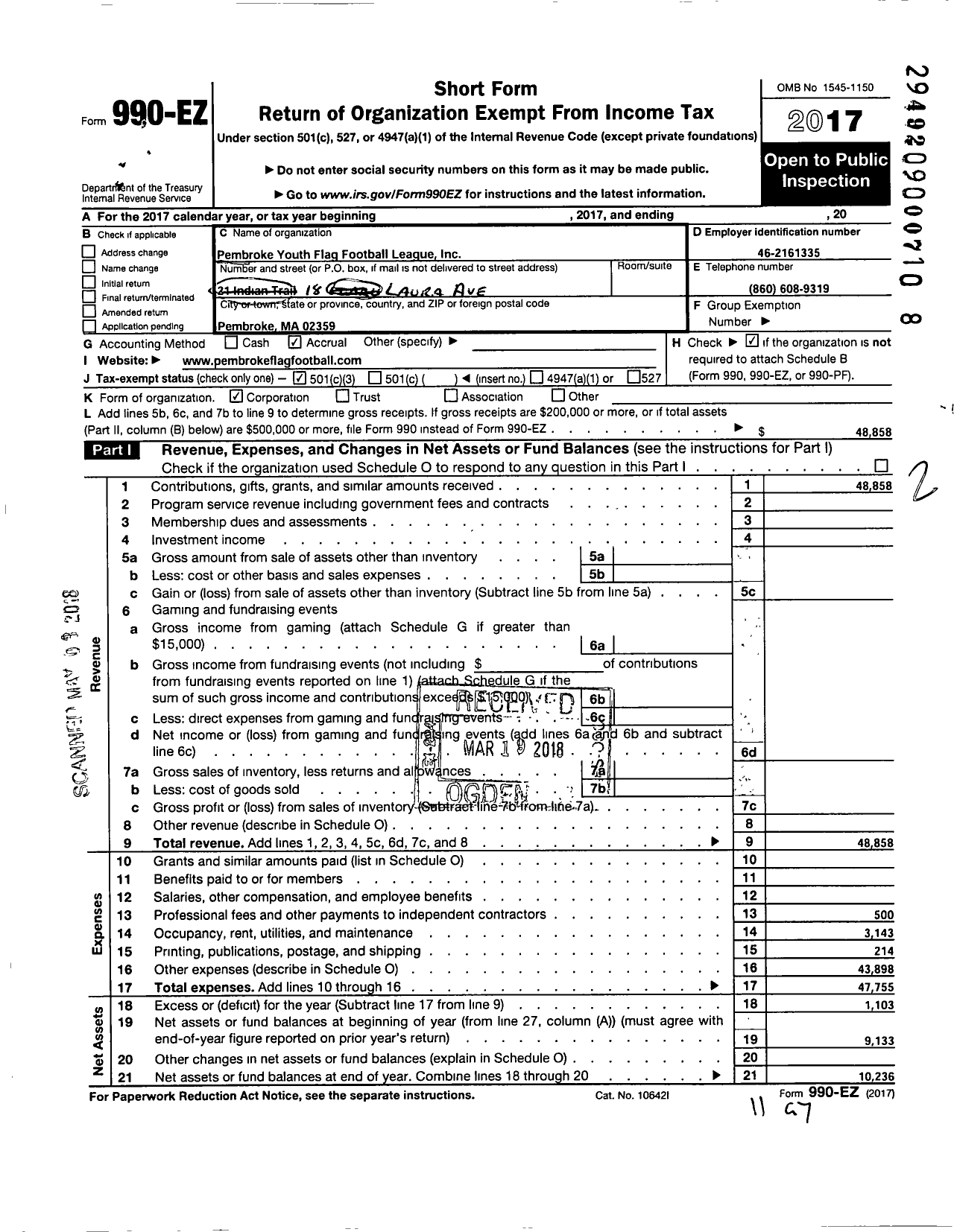 Image of first page of 2017 Form 990EZ for Pembroke Youth Flag Football League