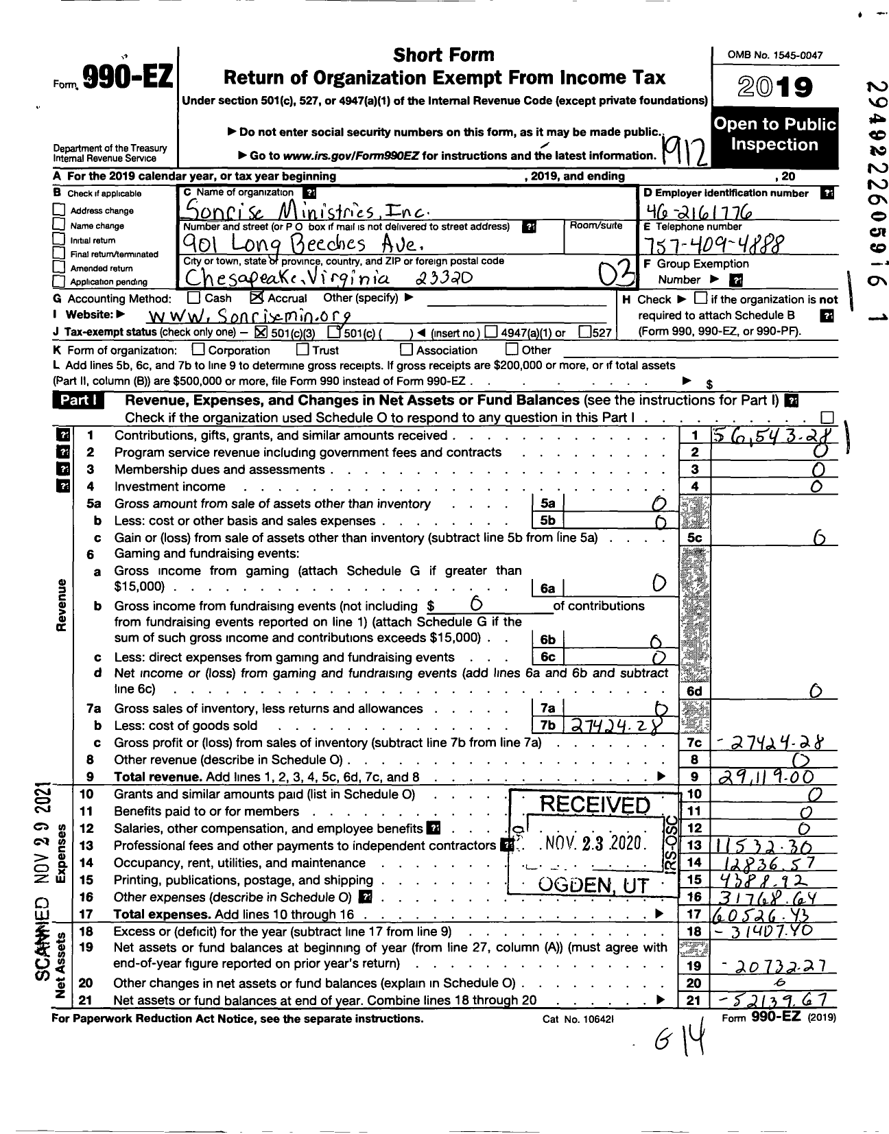 Image of first page of 2019 Form 990EZ for Sonrise Ministries