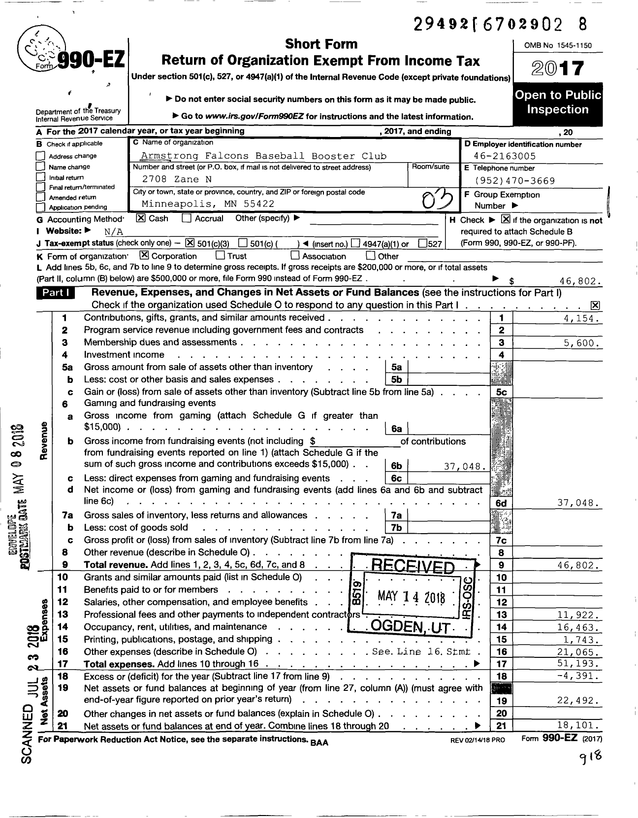 Image of first page of 2017 Form 990EZ for Armstrong Falcons Baseball Booster Club