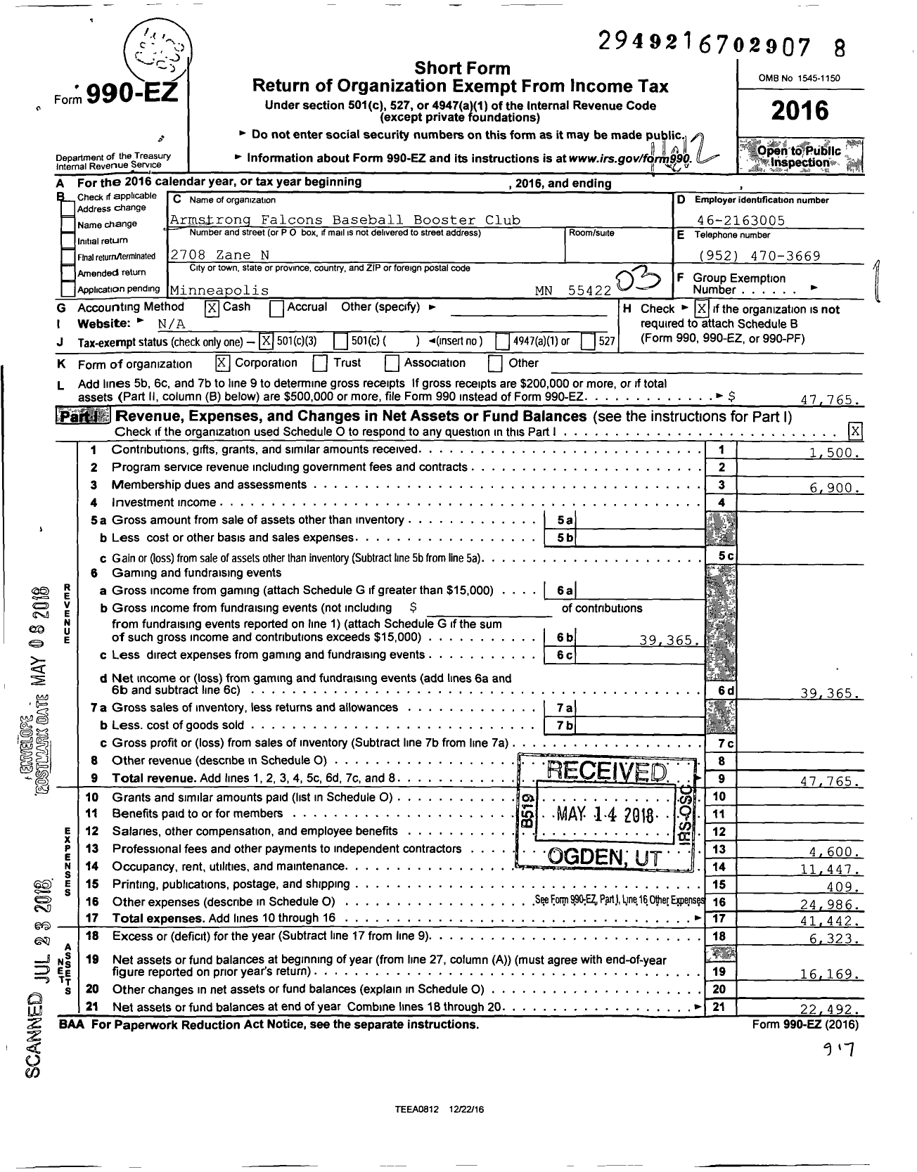 Image of first page of 2016 Form 990EZ for Armstrong Falcons Baseball Booster Club