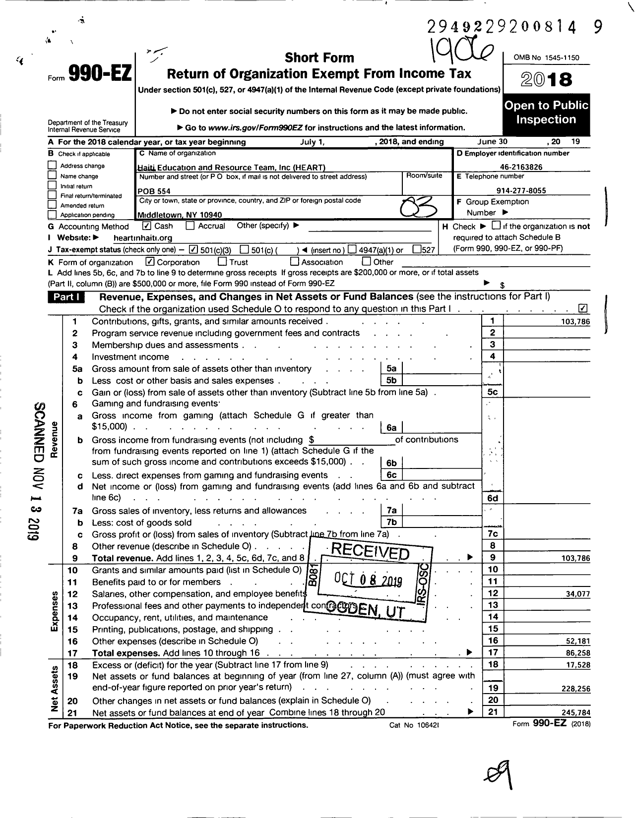 Image of first page of 2018 Form 990EZ for Haiti Education and Resource Team (HEART)