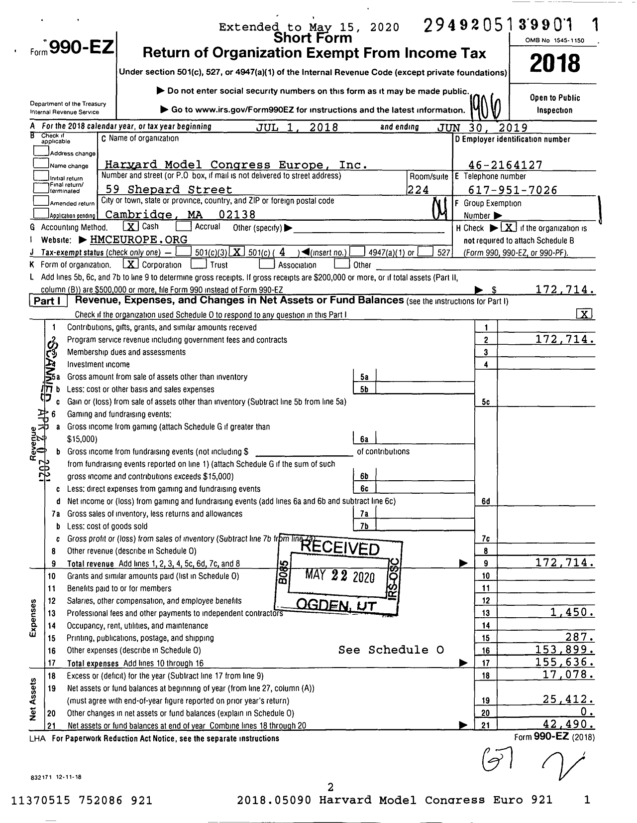 Image of first page of 2018 Form 990EO for Harvard Model Congress Europe Inc Student Organization Center at Hilles