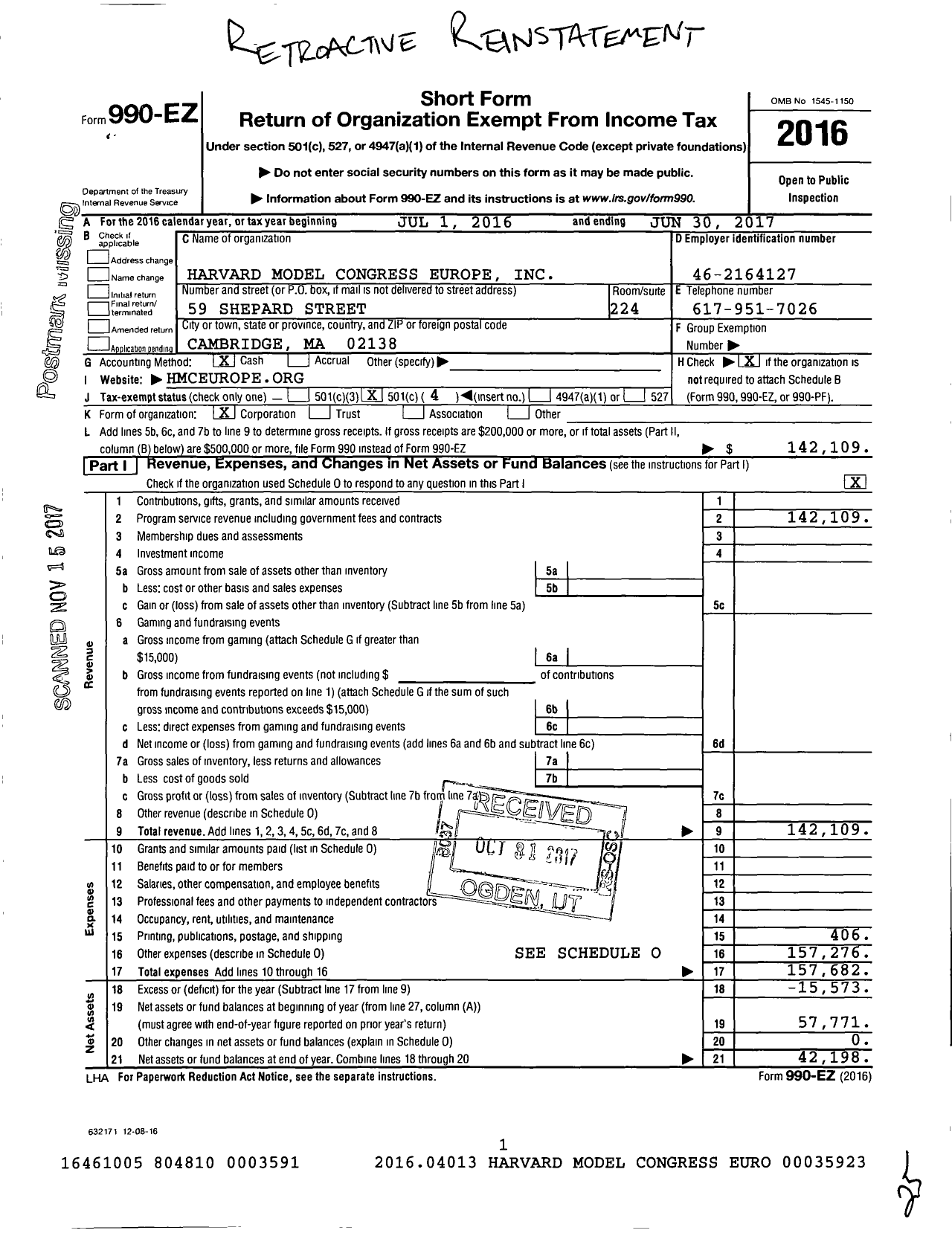 Image of first page of 2016 Form 990EO for Harvard Model Congress Europe Inc Student Organization Center at Hilles