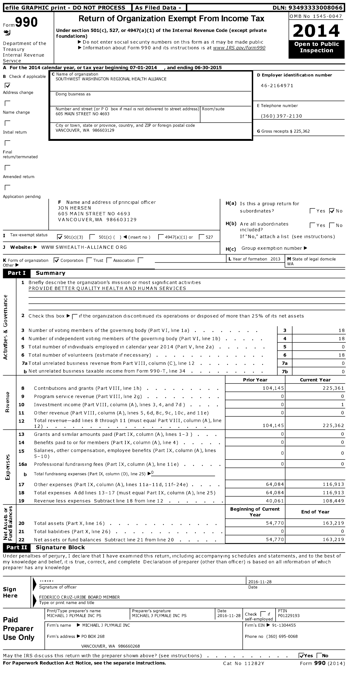 Image of first page of 2014 Form 990 for Southwest Washington Accountable Community of Health