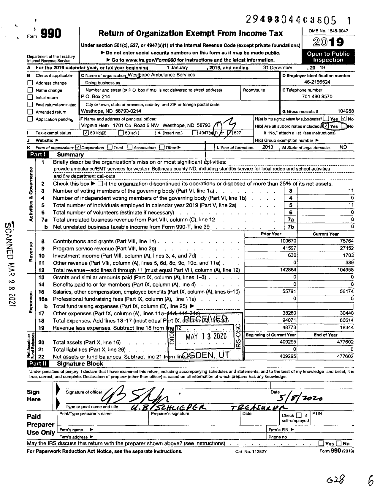 Image of first page of 2019 Form 990 for Westhope Ambulance Services