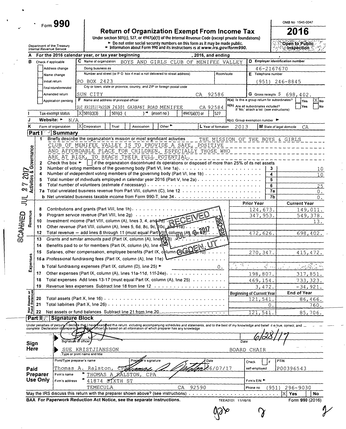Image of first page of 2016 Form 990 for The Menifee Valley Boys and Girls Club