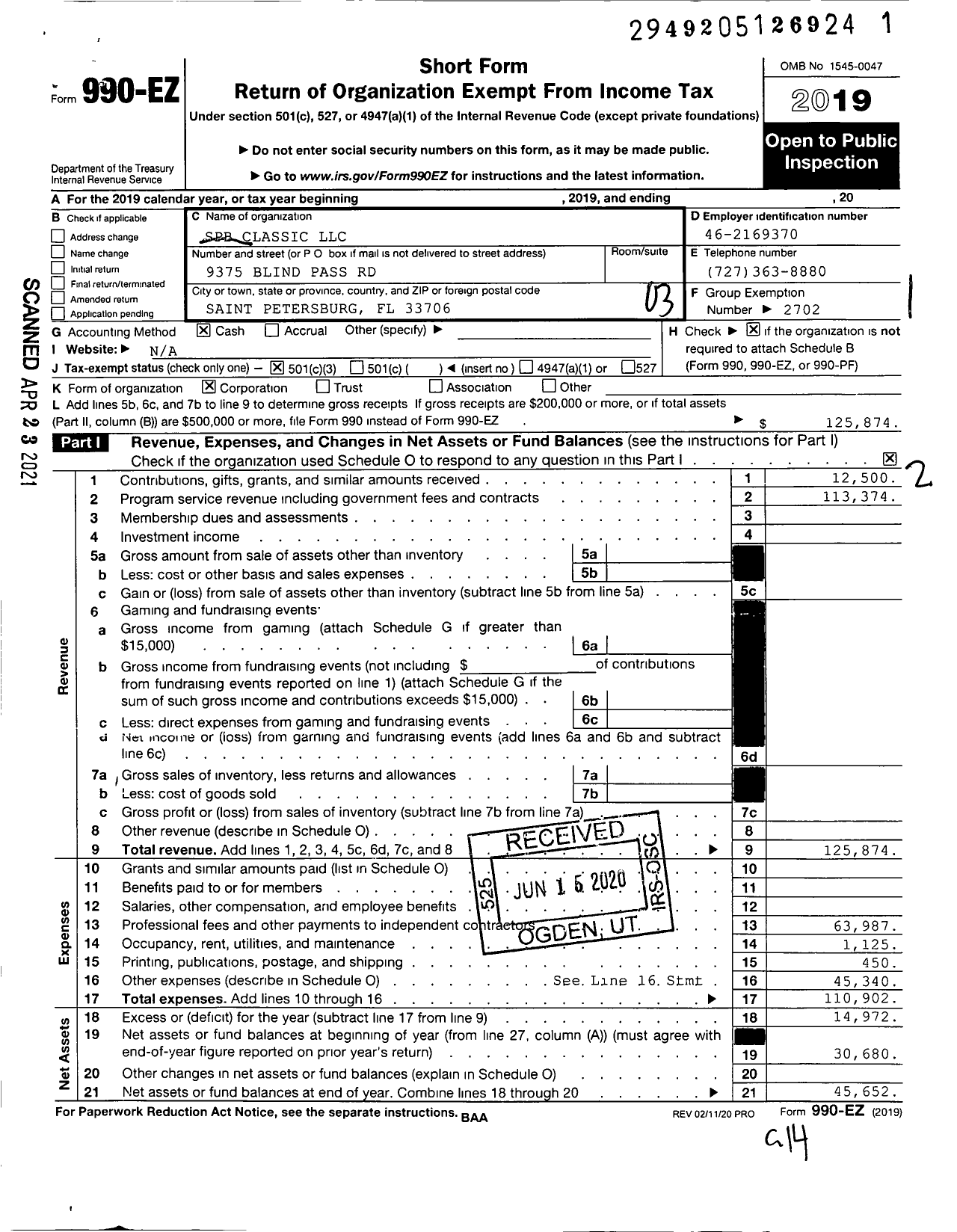 Image of first page of 2019 Form 990EZ for SPB Classic LLC