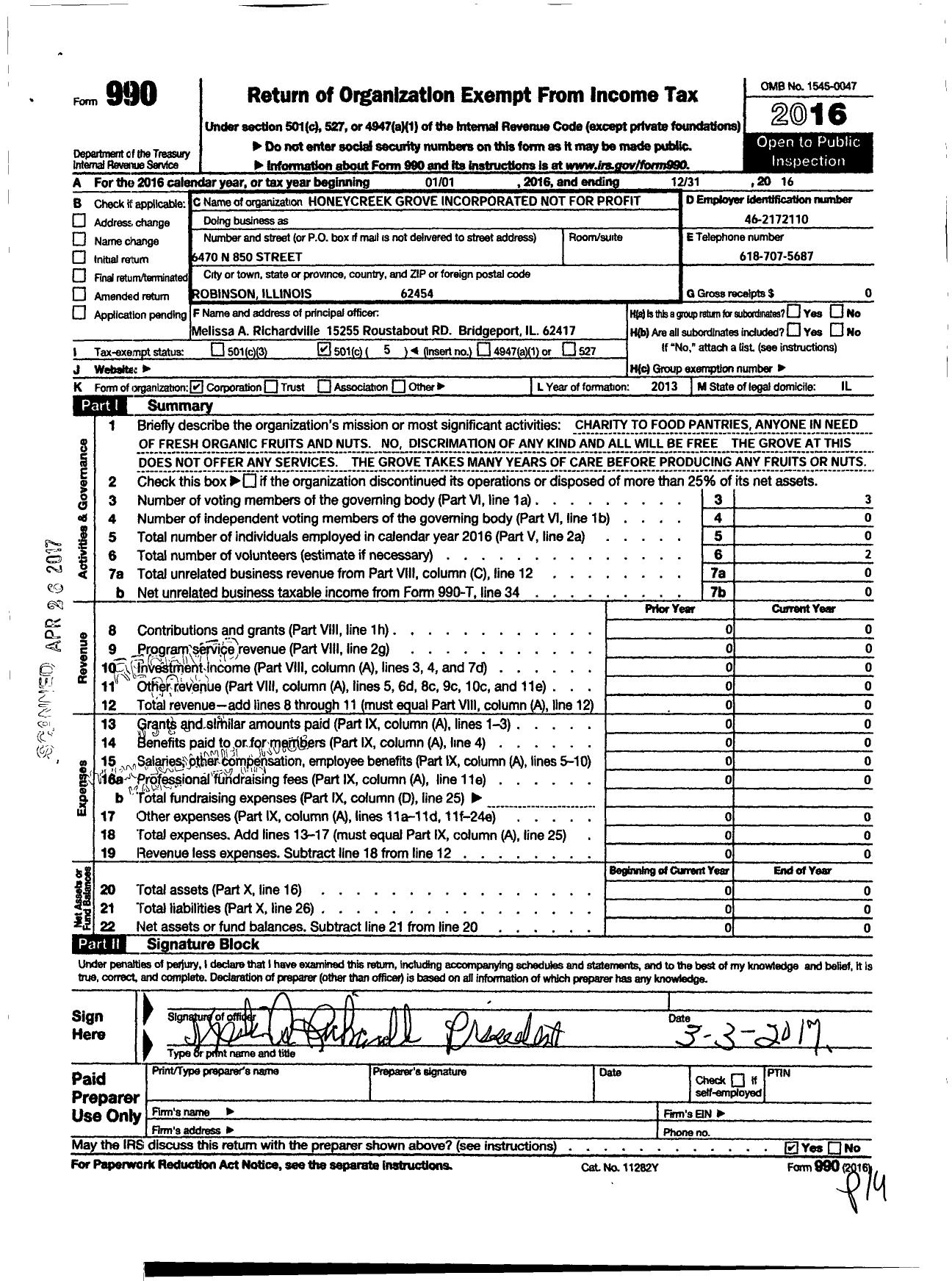 Image of first page of 2016 Form 990O for Honeycreek Grove NFP