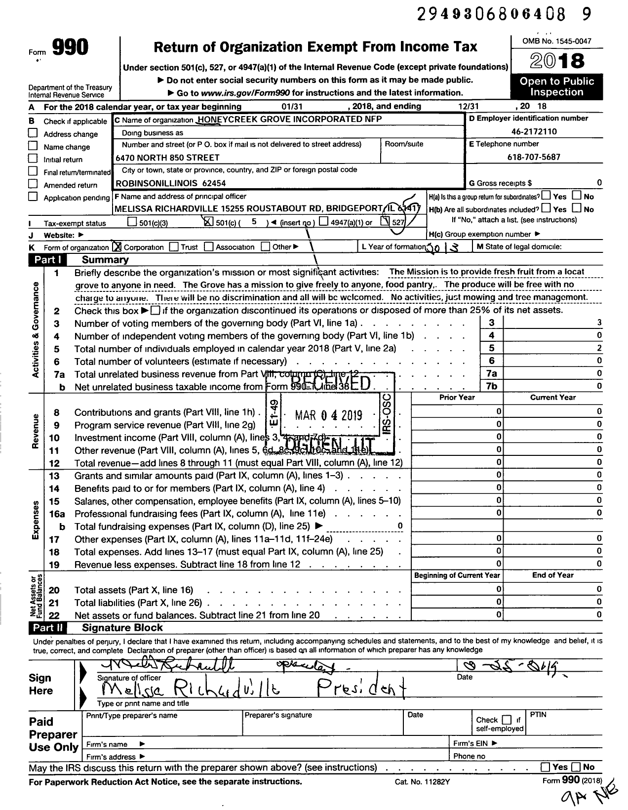 Image of first page of 2018 Form 990O for Honeycreek Grove NFP