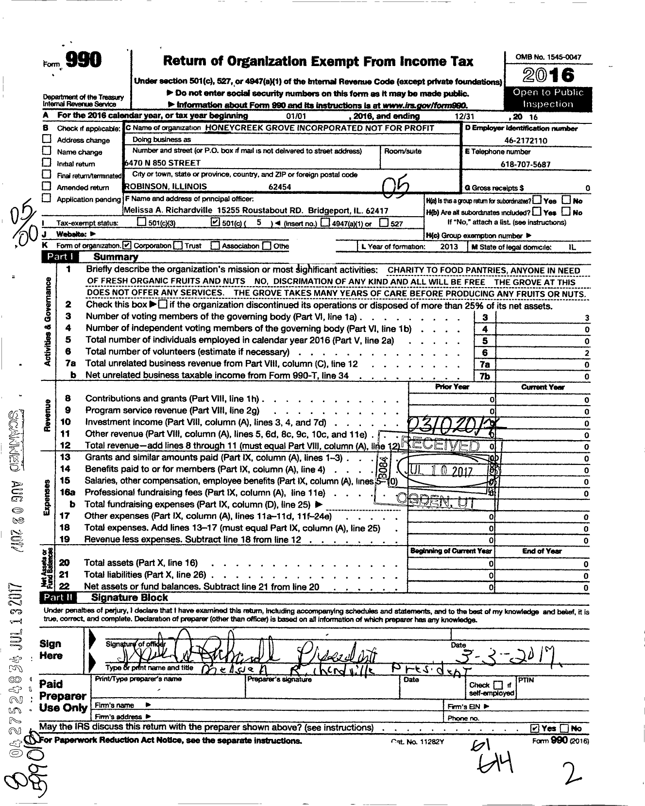 Image of first page of 2016 Form 990O for Honeycreek Grove NFP