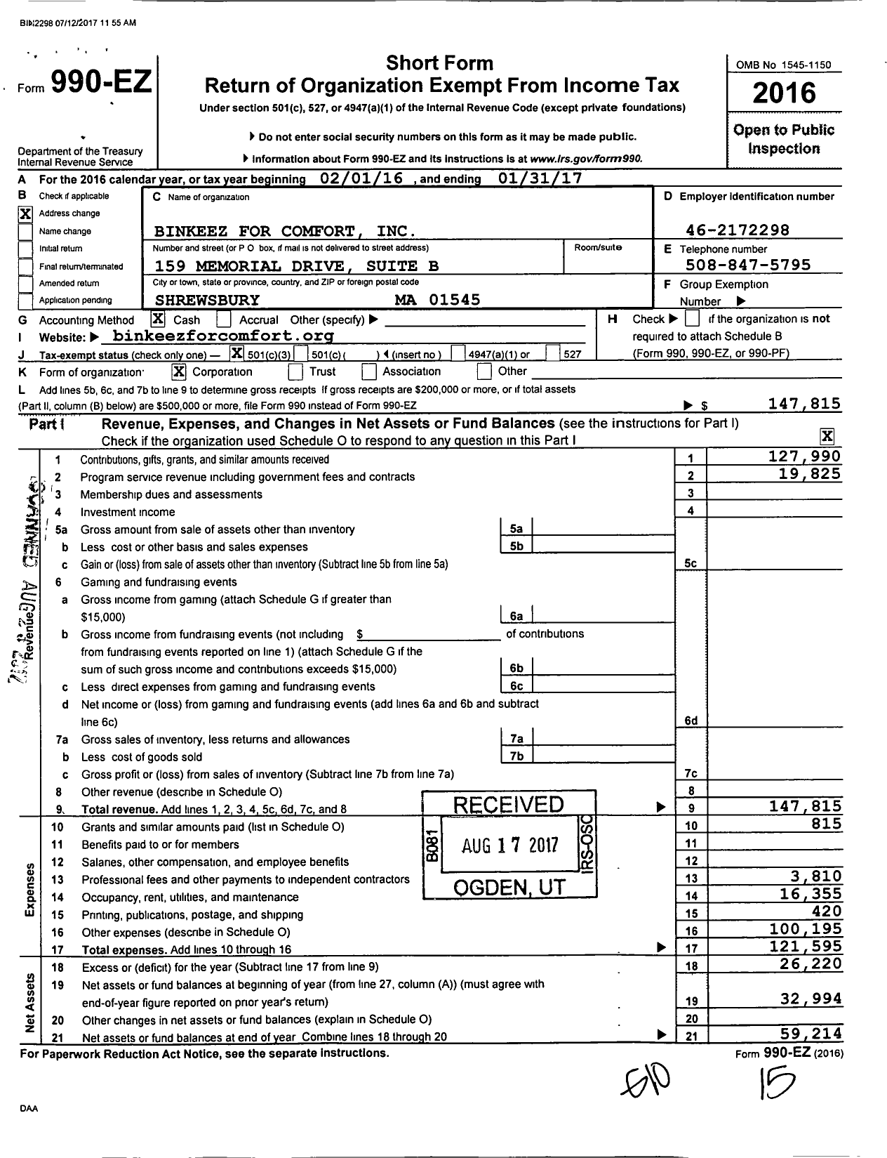 Image of first page of 2016 Form 990EZ for Binkeez for Comfort