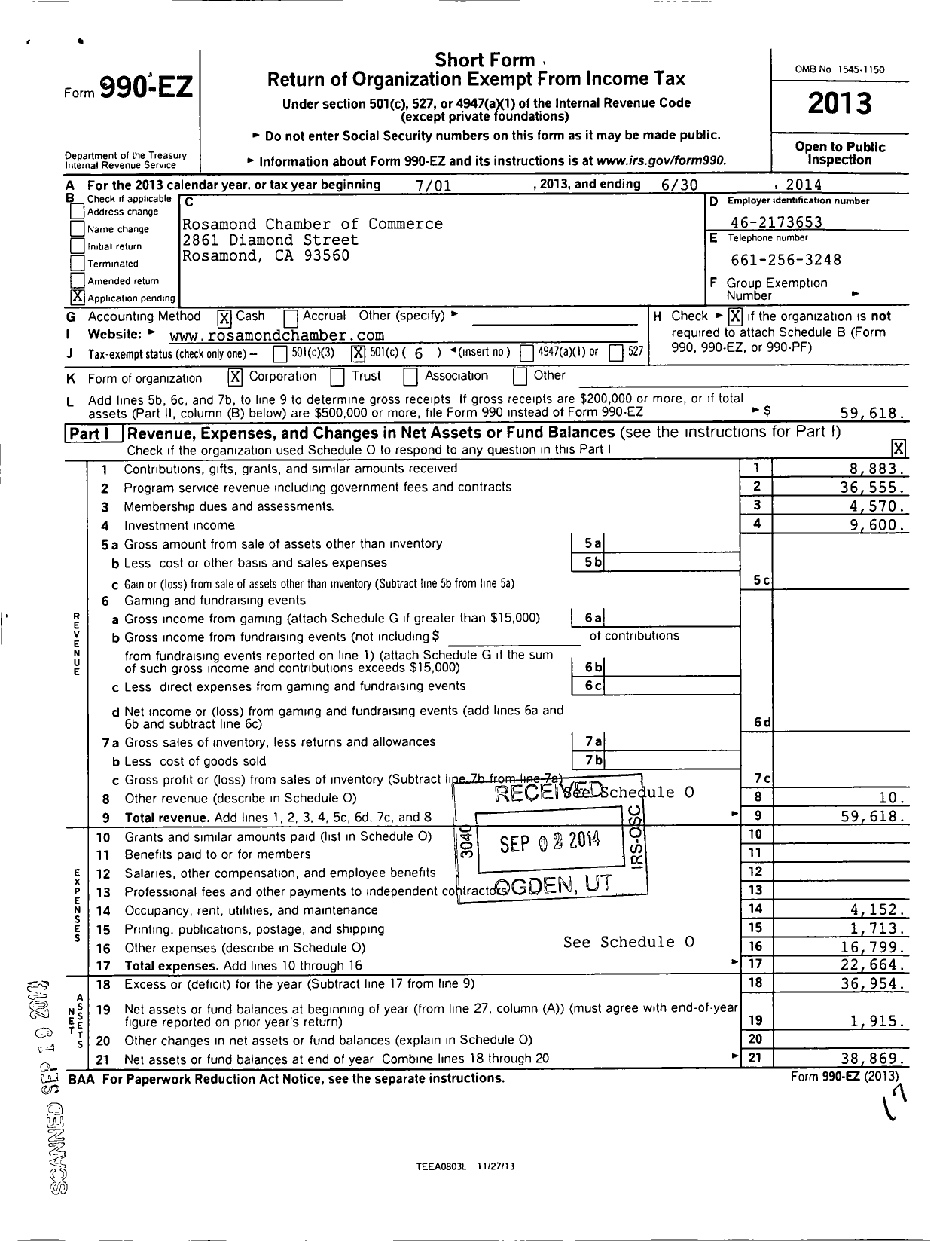 Image of first page of 2013 Form 990EO for Rosamond Chamber of Commerce Incorporated