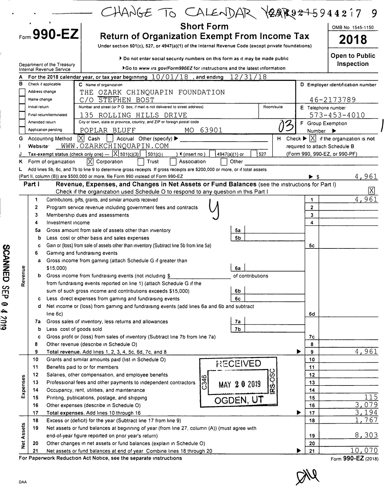 Image of first page of 2018 Form 990EZ for The Ozark Chinquapin Foundation