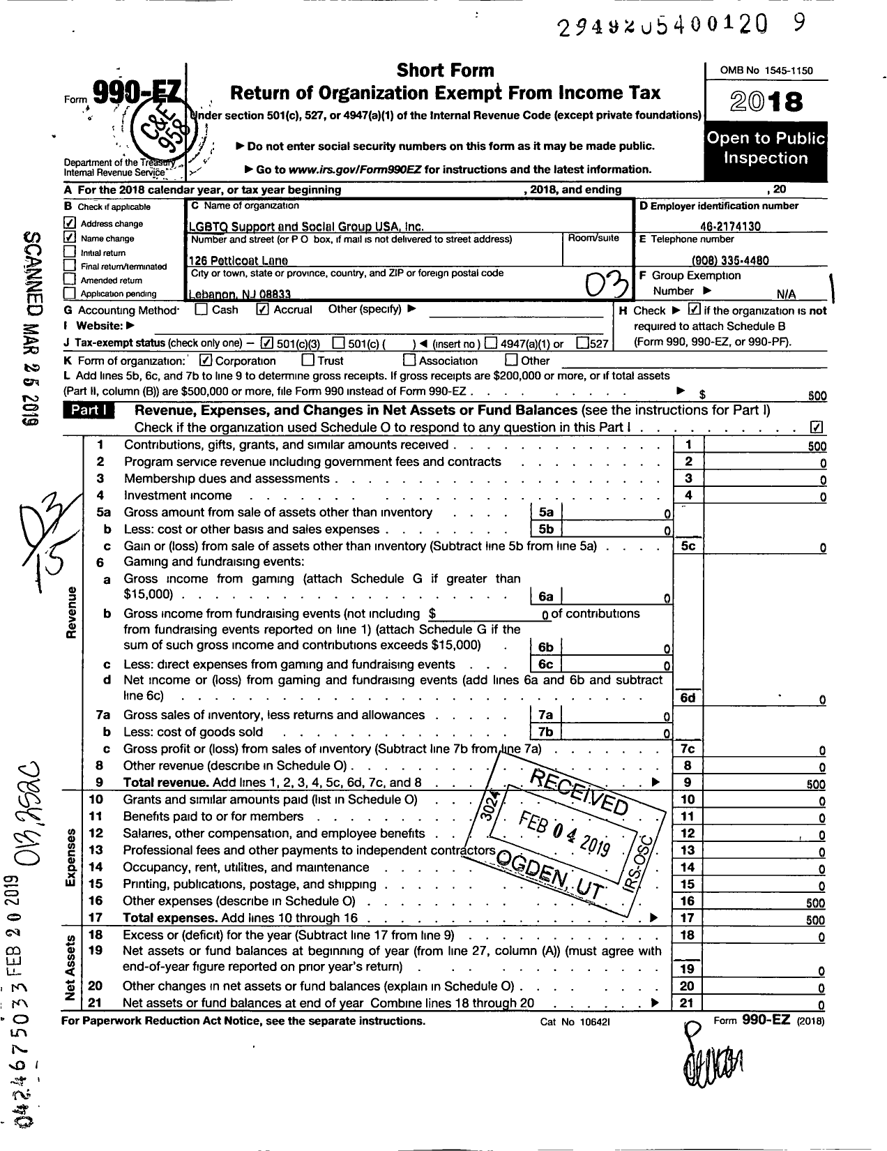 Image of first page of 2018 Form 990EZ for LGBTQ Support and Social Group USA