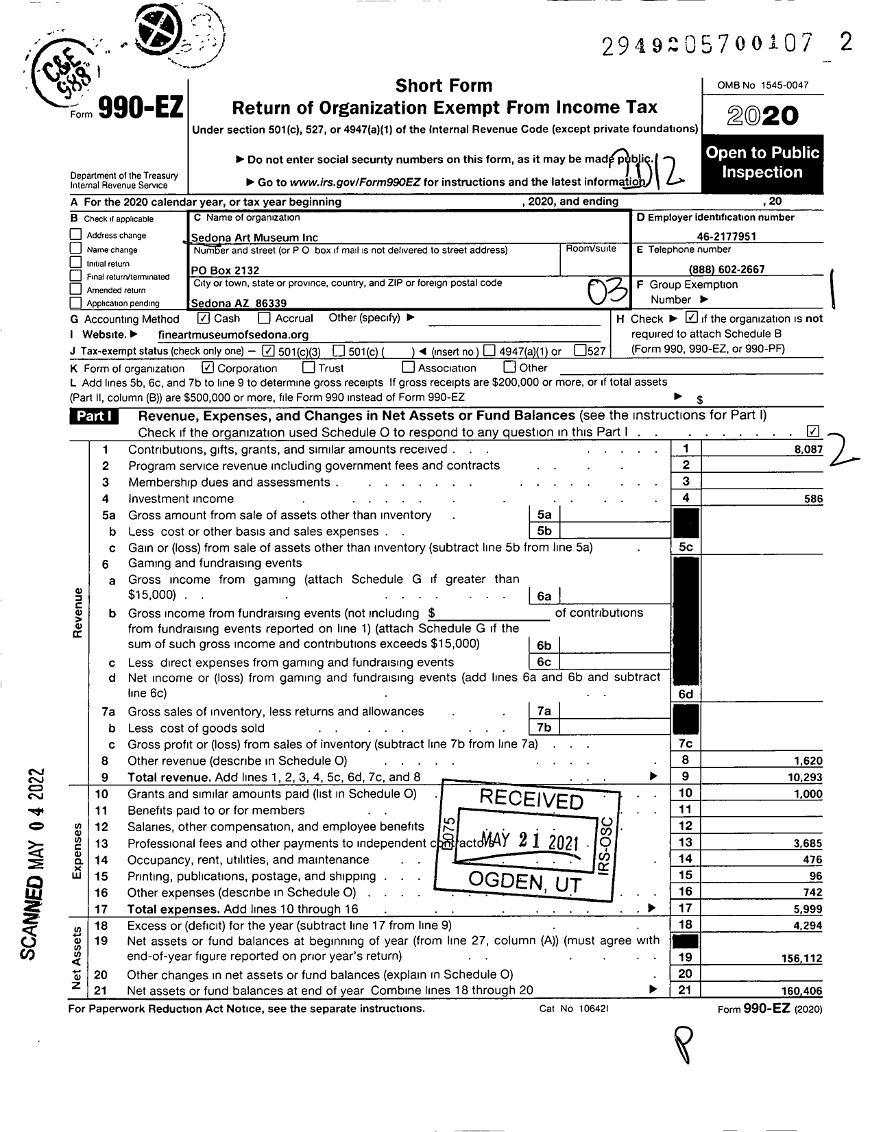 Image of first page of 2020 Form 990EZ for Sedona Art Museum