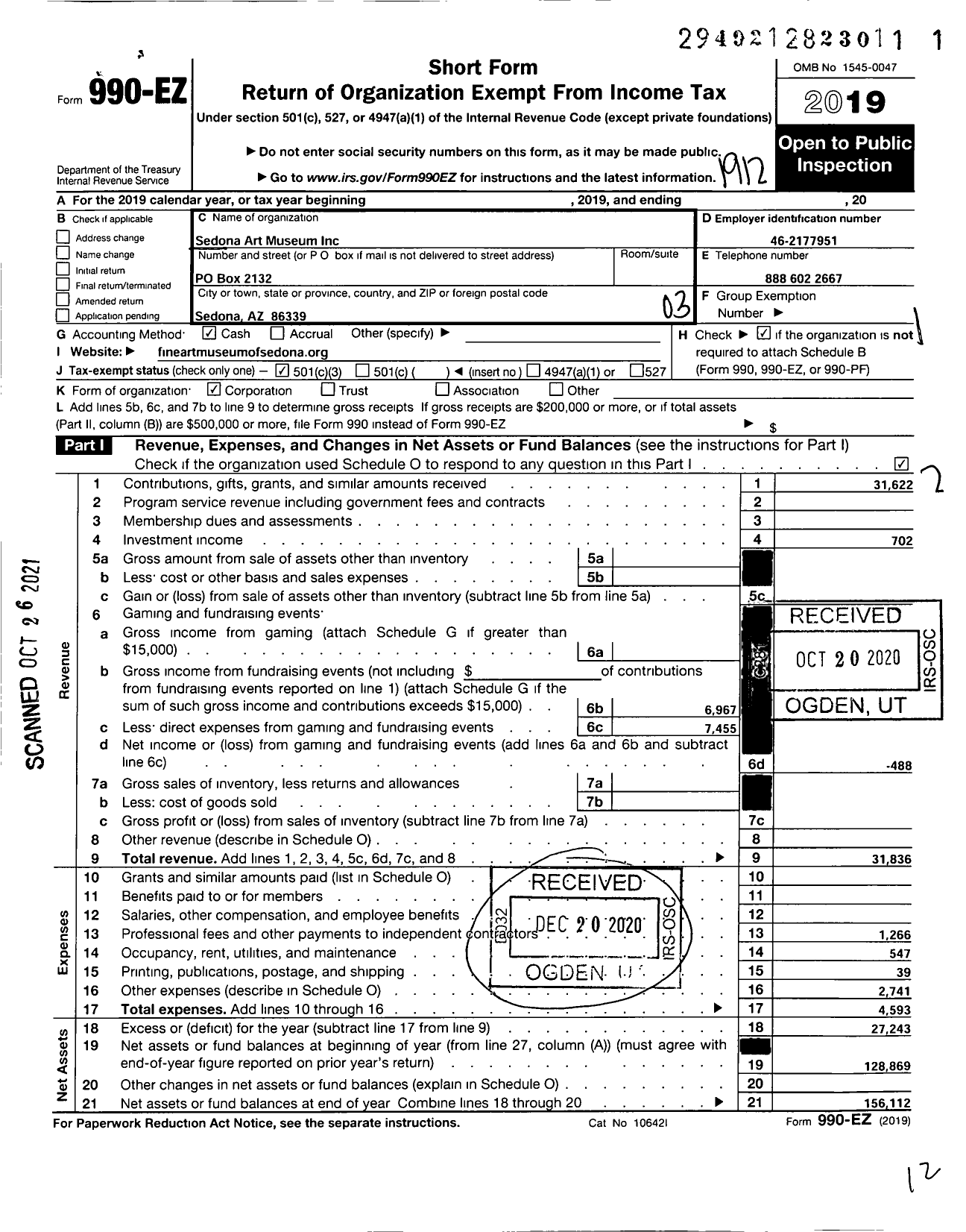 Image of first page of 2019 Form 990EZ for Sedona Art Museum