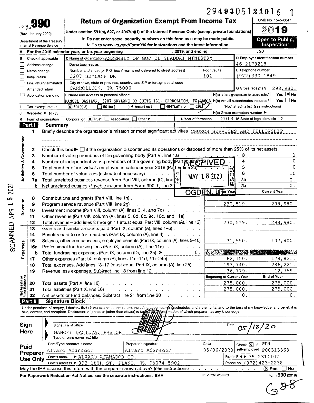 Image of first page of 2019 Form 990 for Assembly of God El Shaddai Ministry