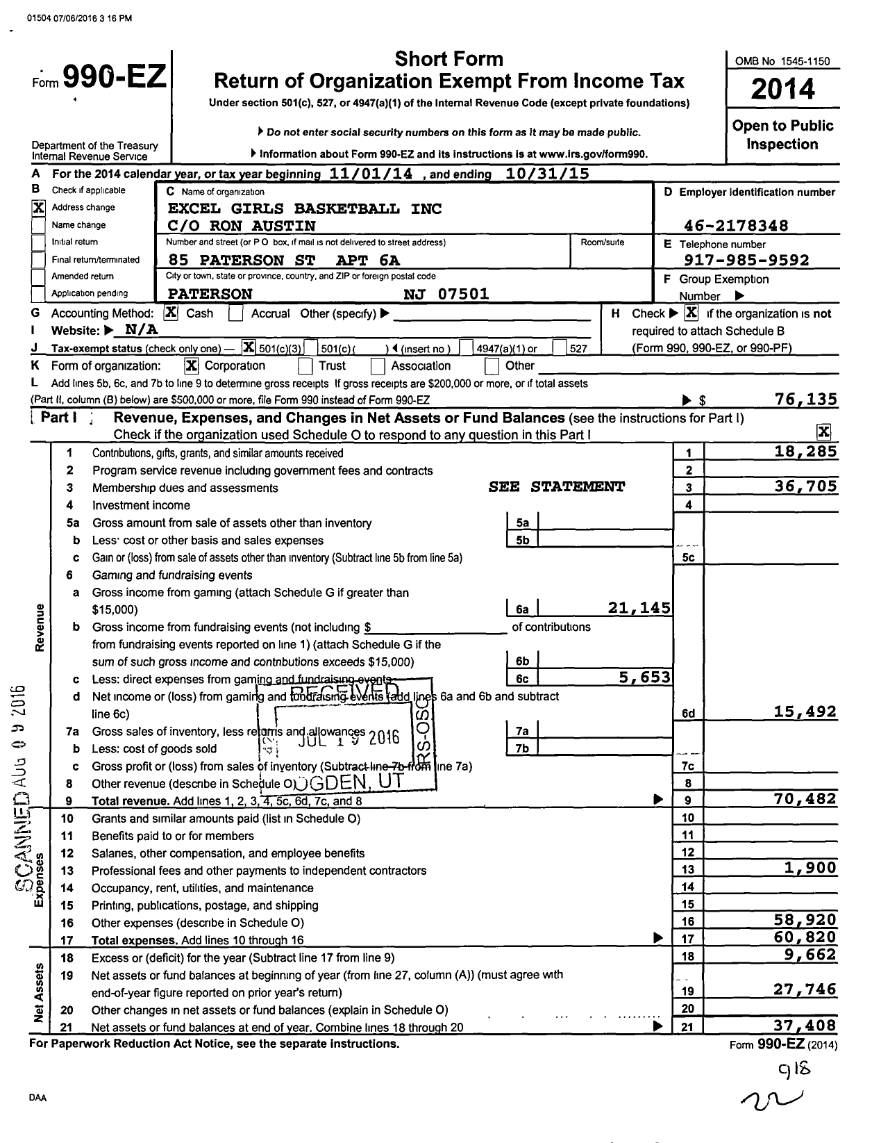 Image of first page of 2014 Form 990EZ for Excel Girls Basketball