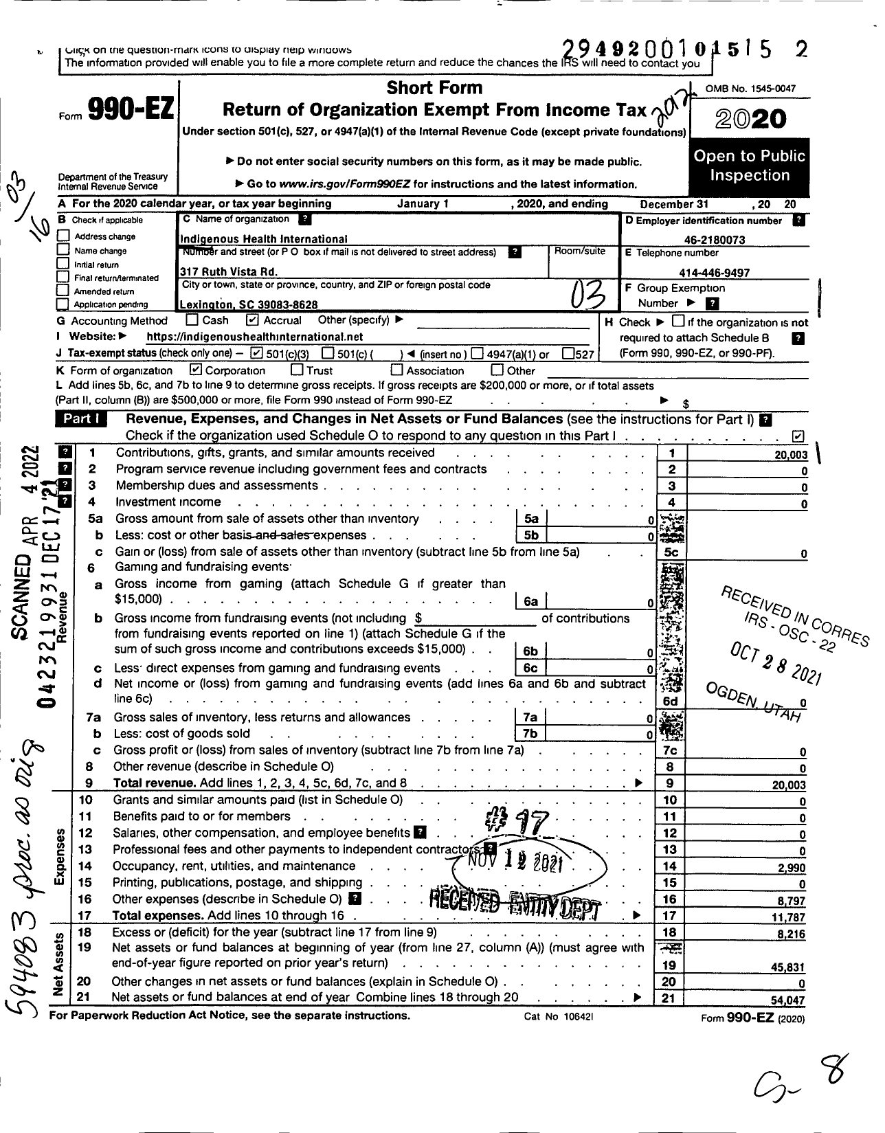 Image of first page of 2020 Form 990EZ for Indigenous Health International