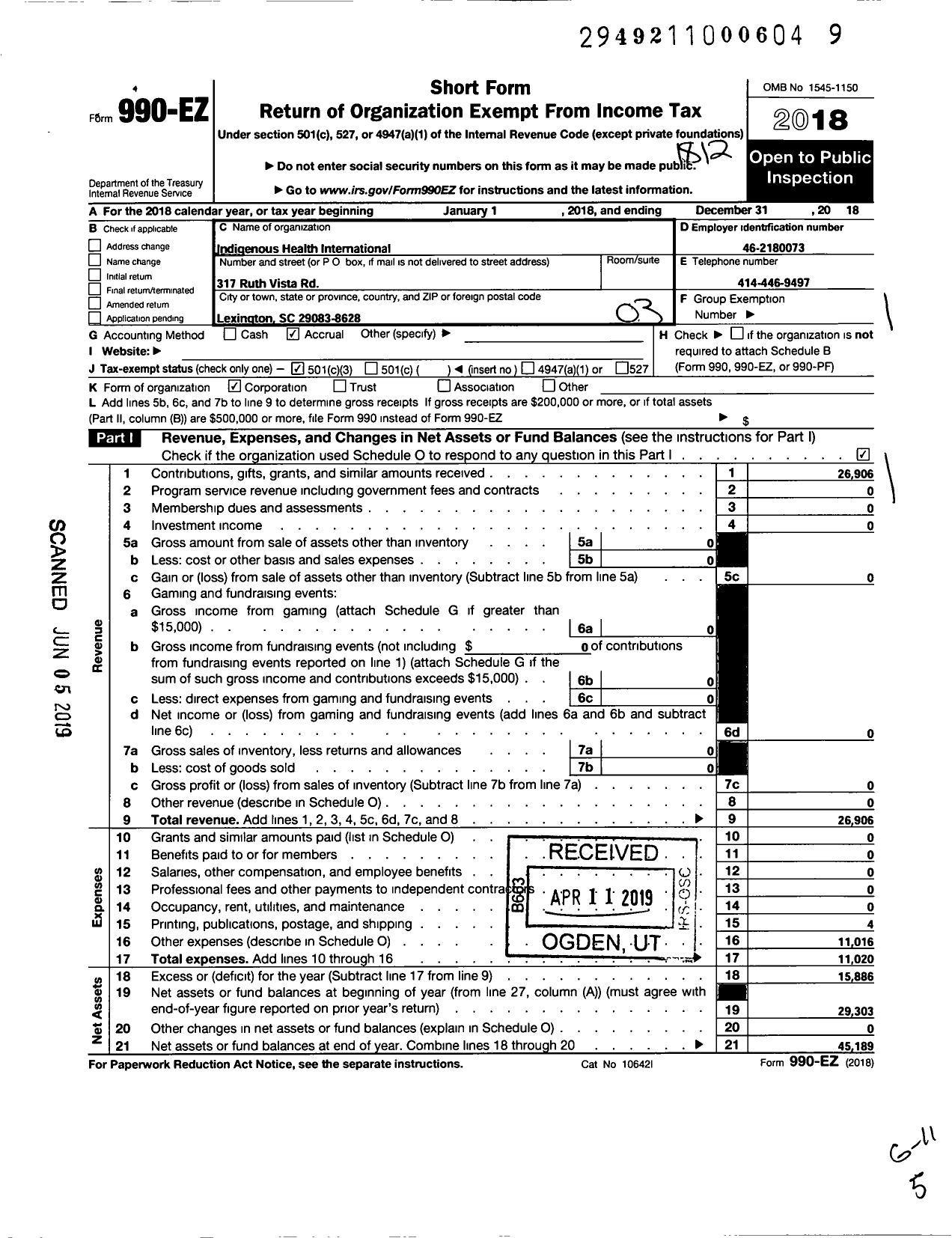 Image of first page of 2018 Form 990EZ for Indigenous Health International