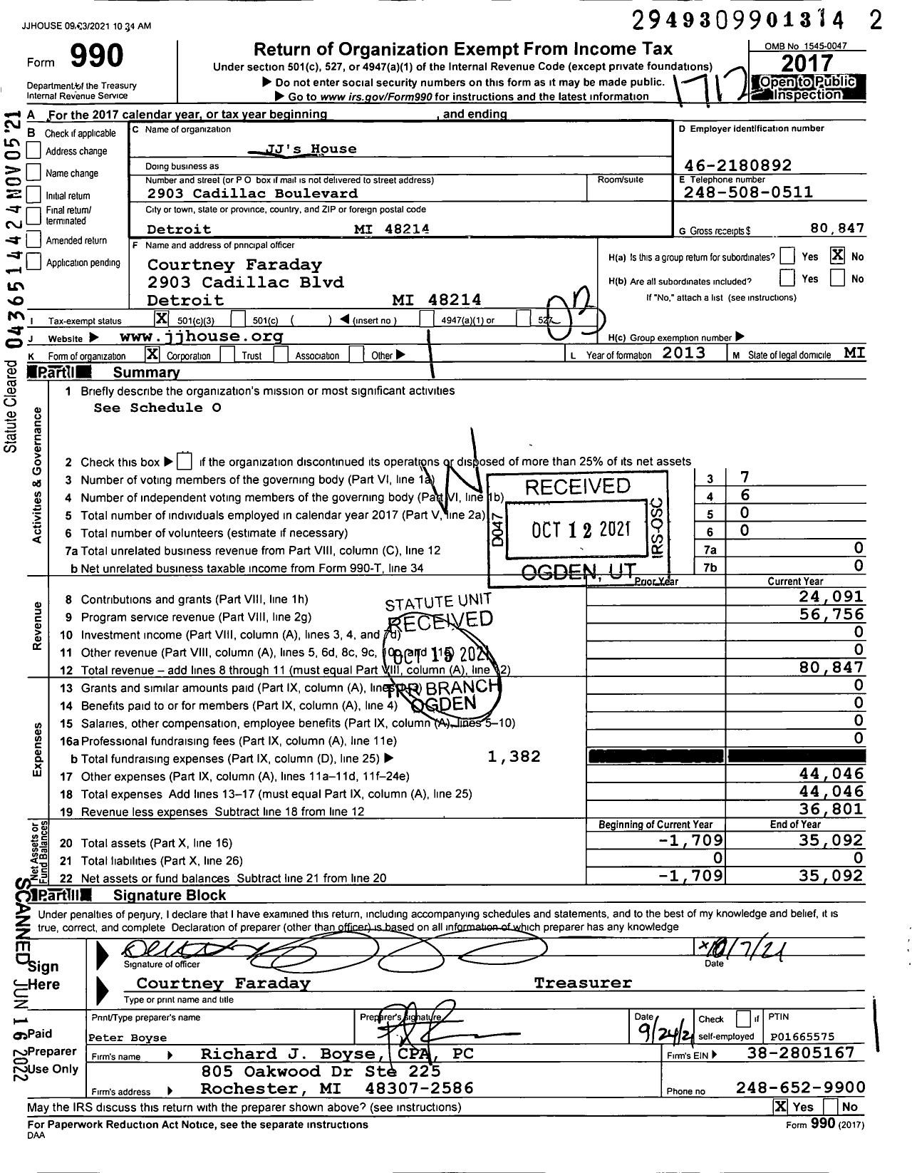 Image of first page of 2017 Form 990 for JJ'S House