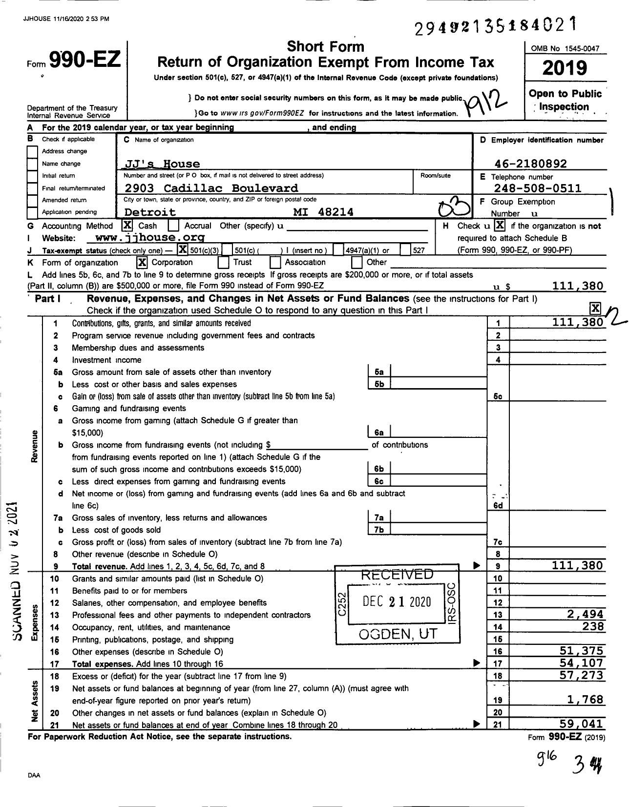 Image of first page of 2019 Form 990EZ for JJ'S House