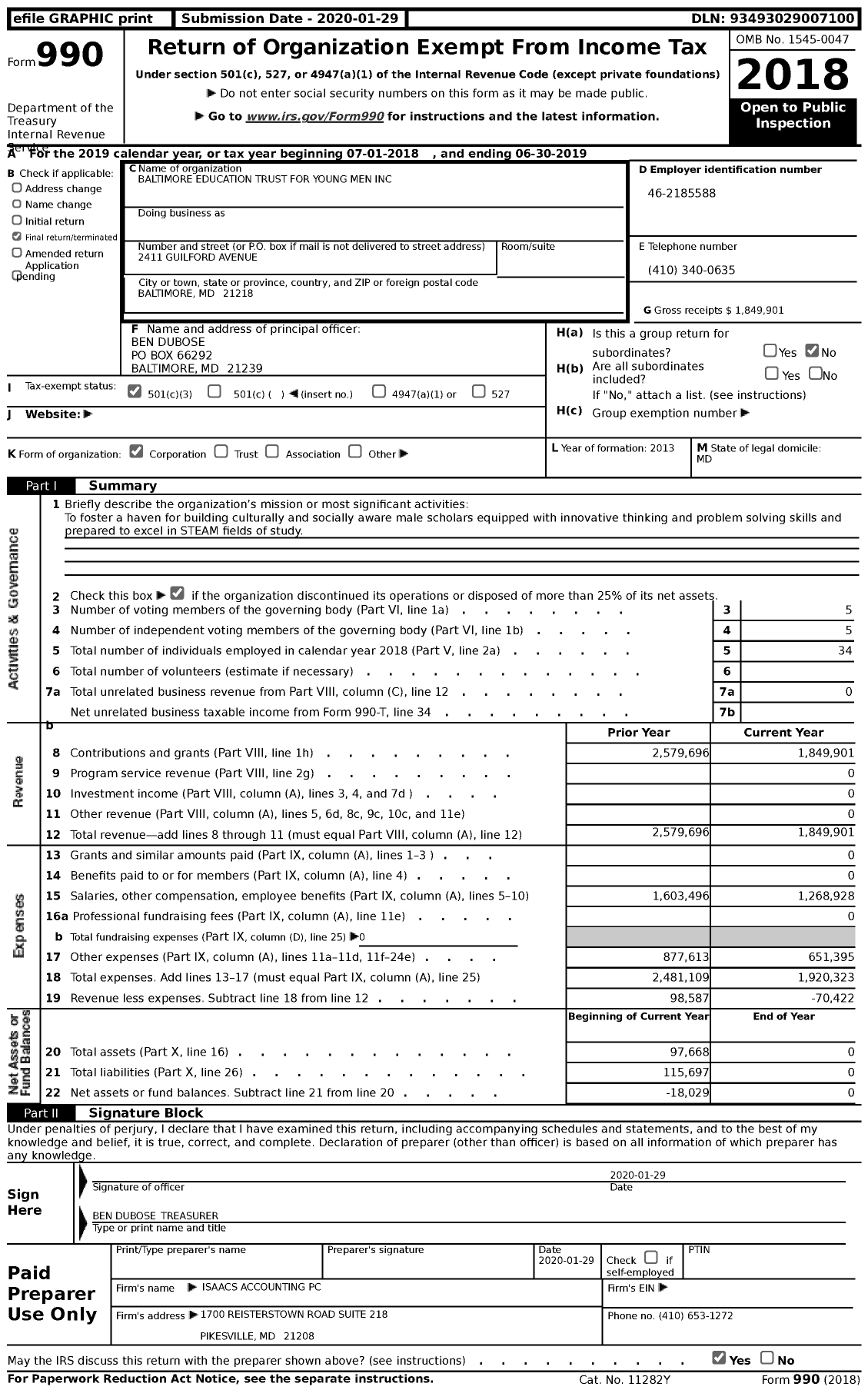 Image of first page of 2018 Form 990 for Baltimore Education Trust for Young Men