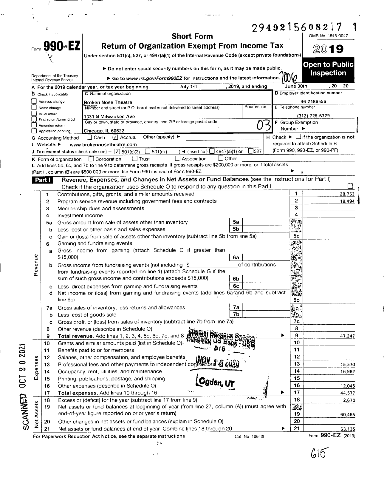 Image of first page of 2019 Form 990EZ for Broken Nose Theatre