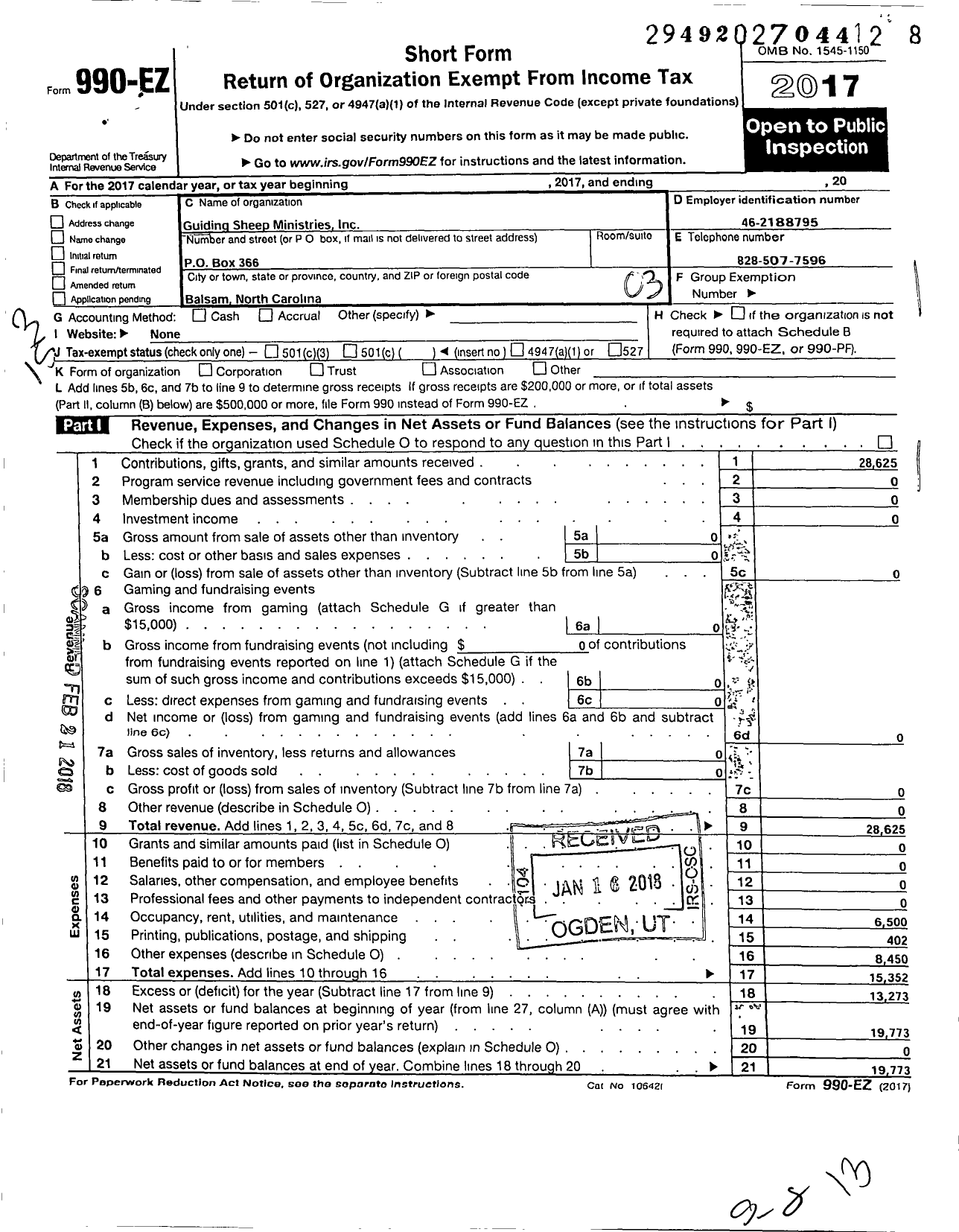 Image of first page of 2017 Form 990EZ for Guiding Sheep Ministries