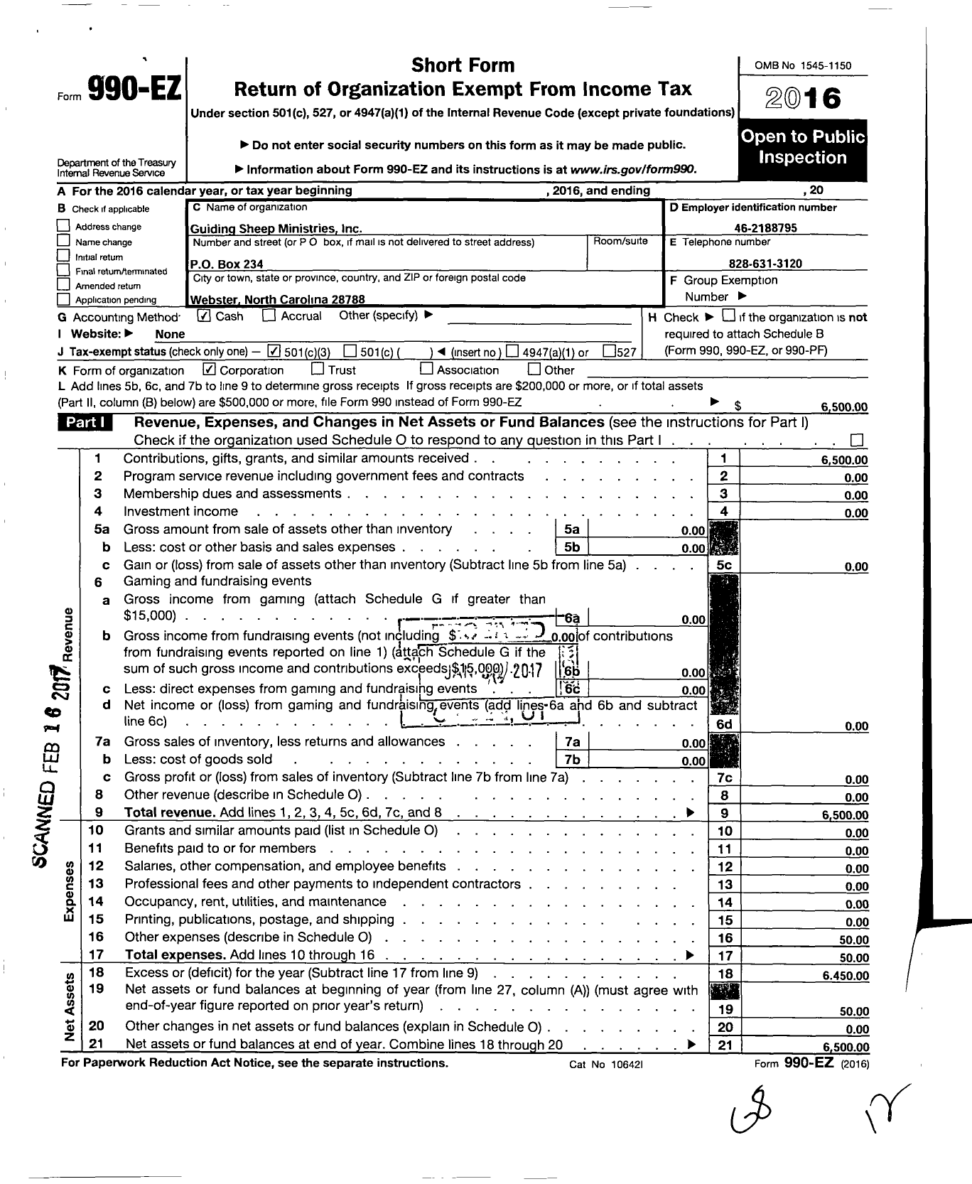 Image of first page of 2016 Form 990EZ for Guiding Sheep Ministries