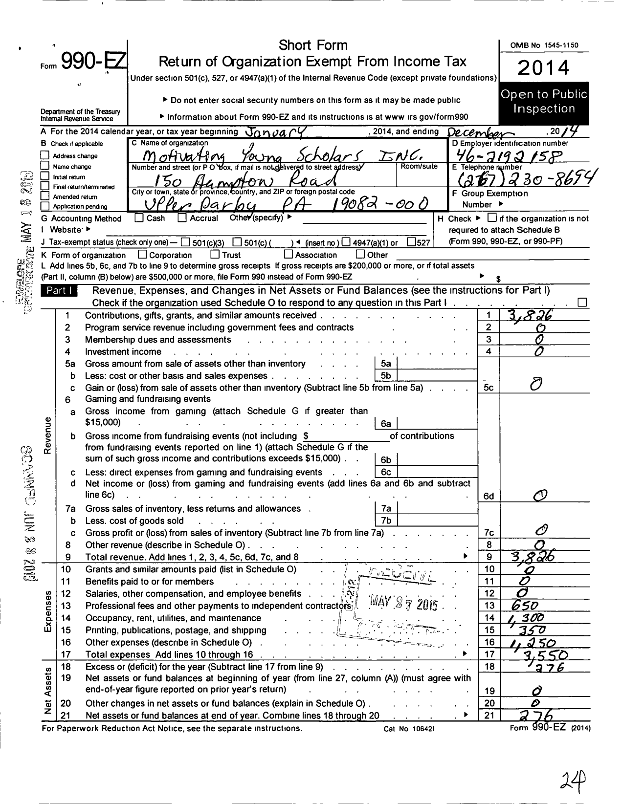 Image of first page of 2014 Form 990EO for Motivated Young Scholars