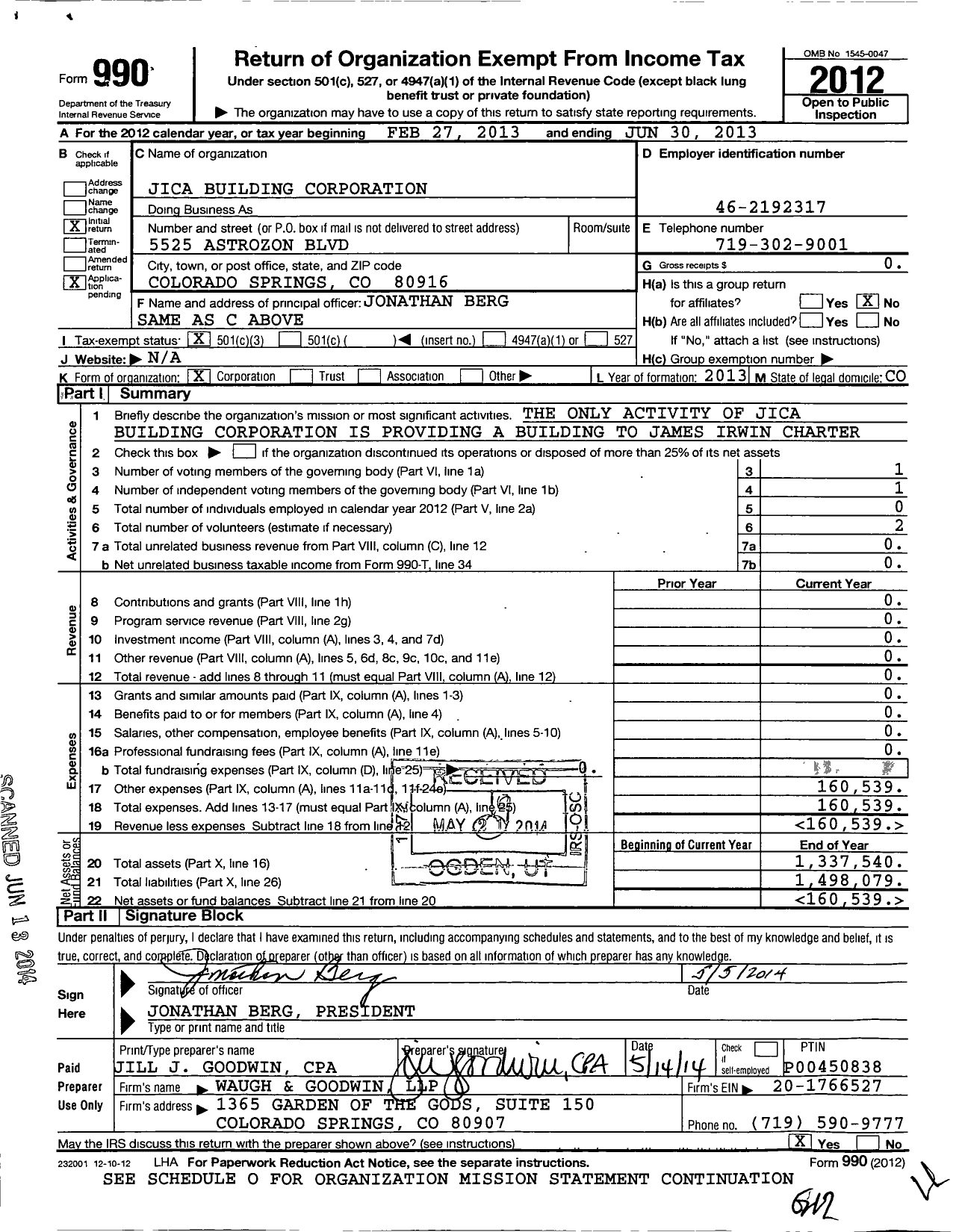 Image of first page of 2012 Form 990 for Jica Building Corporation