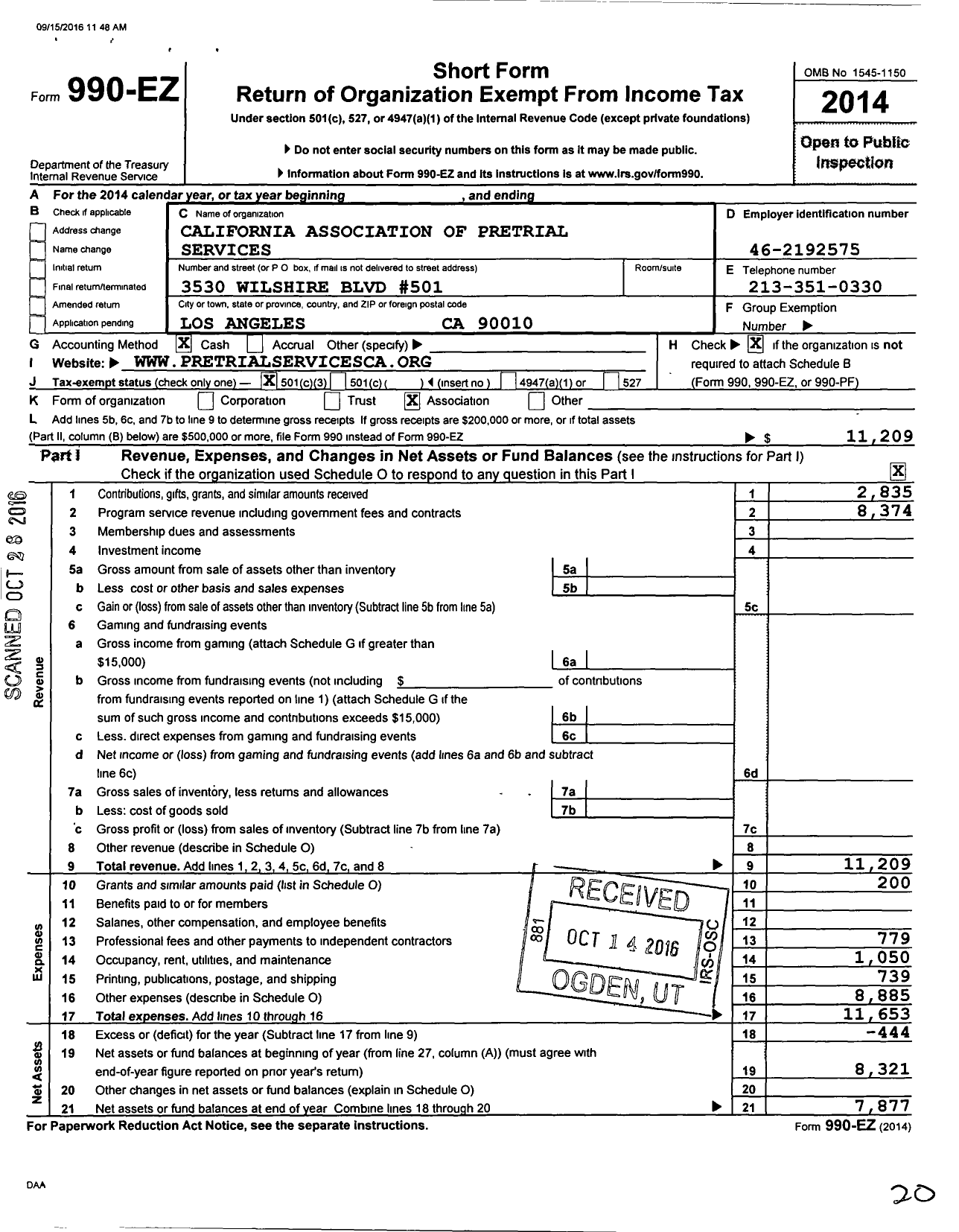 Image of first page of 2014 Form 990EZ for California Association of Pretrial Services